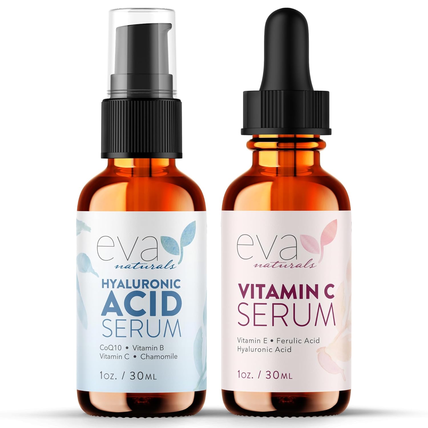 Eva Naturals Hydrate and Brighten Skincare Bundle - Includes Hyaluronic Acid Serum and 20% Vitamin C Serum - Restores Lost Moisture, Plumps Skin while Toning and Smoothing the Complexion