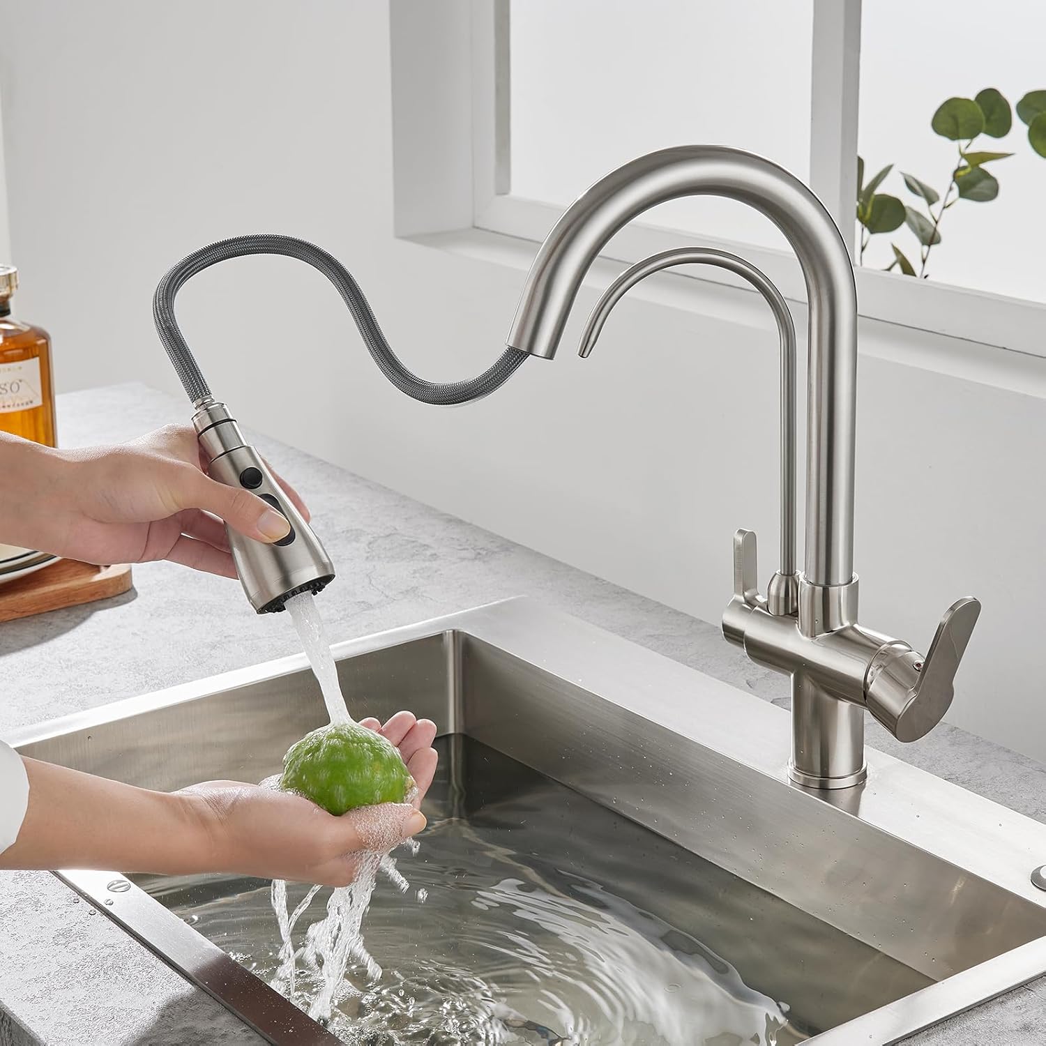 KINKIBOS 3 Way Kitchen Tap, Brass Body, Mixer Tap with Filter Water Tap, 360° Rotating Extendable Kitchen Tap with Spray Head, Drinking Water Tap with 2 Levers, Brushed Nickel