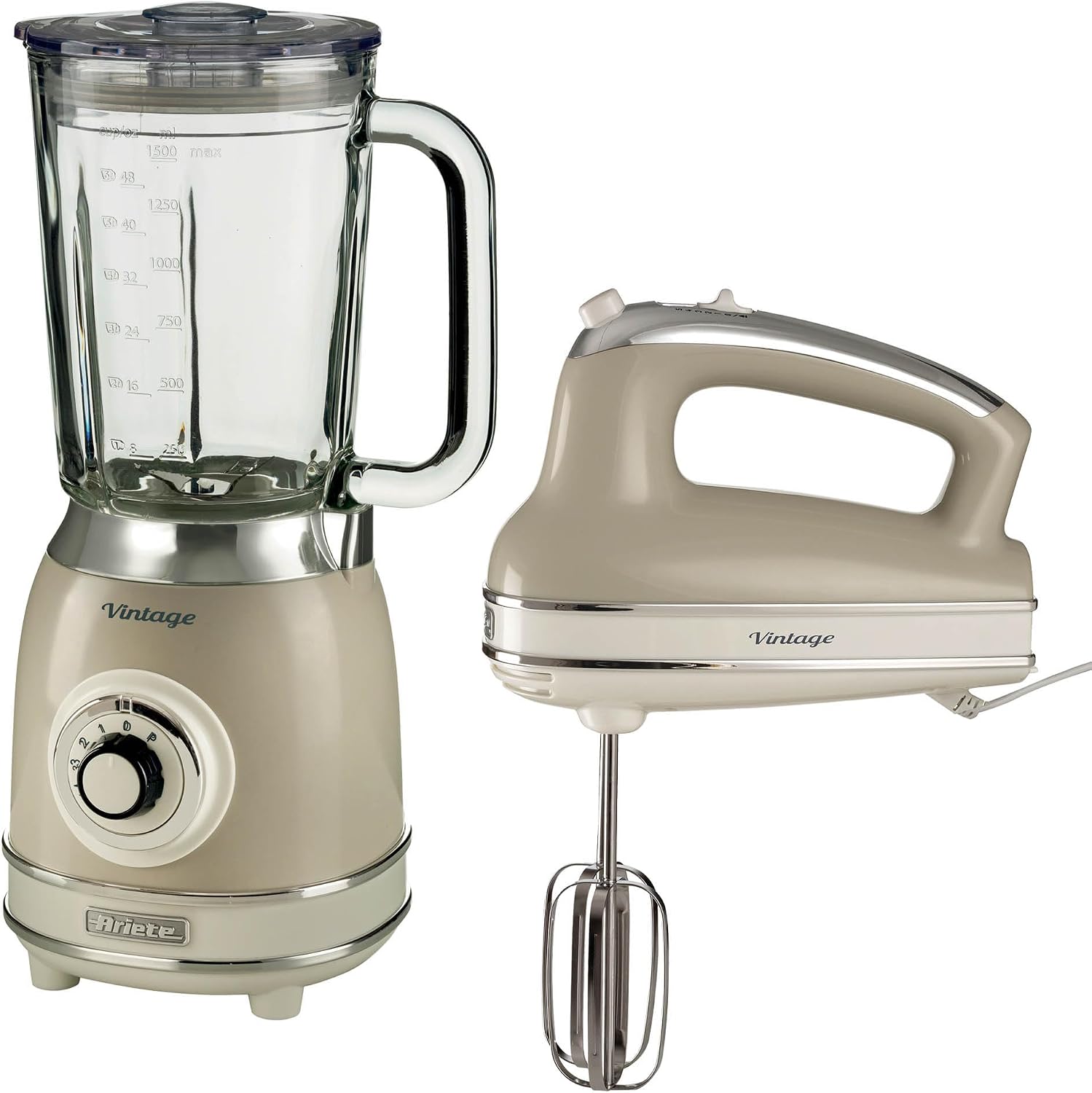 Ariete Vintage Hand Whisk AR4805 & Blender AR8305, Retro Style Food Prep Set with Stainless Steel Blades, Multiple Speed Settings & Easy-Clean Design, Cream