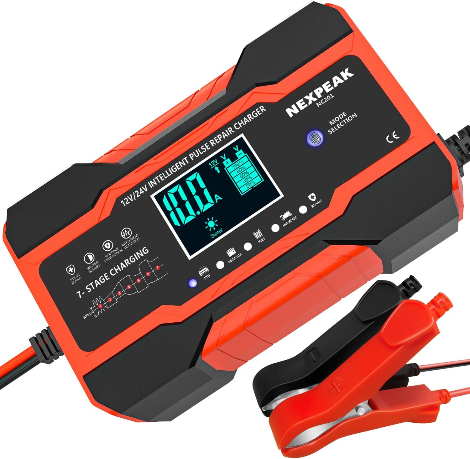 10-Amp Car Battery Charger, 12V and 24V Smart Fully Automatic Battery Charger with Temperature Compensation for Car Truck Motorcycle Marine Lead Acid Batteries