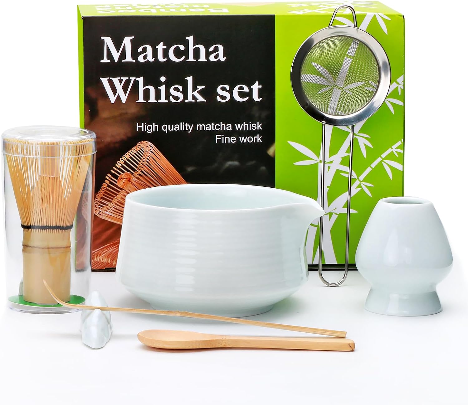 Matcha Whisk Set,7pcs Matcha Set includes Matcha Bowl (19 oz), Bamboo Matcha Whisk and Matcha Scoop, Matcha Whisk Holder, Stainless Steel Sifter, Tea Making Tools, Matcha Kit Gift for Matcha Lovers