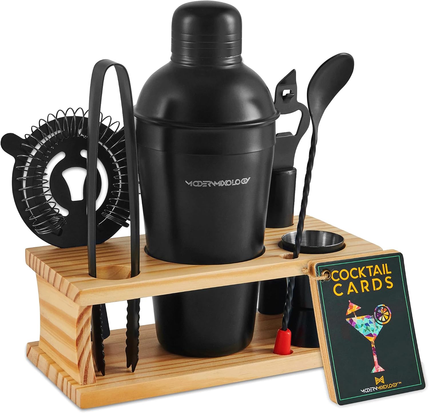 Mixology Bartender Kit with Stand | Black Bar Set Cocktail Shaker Set for Drink Mixing - Bar Tools: Martini Shaker, Jigger, Strainer, Bar Mixer Spoon, Tongs, Opener | Best Bartender Kit for Beginners