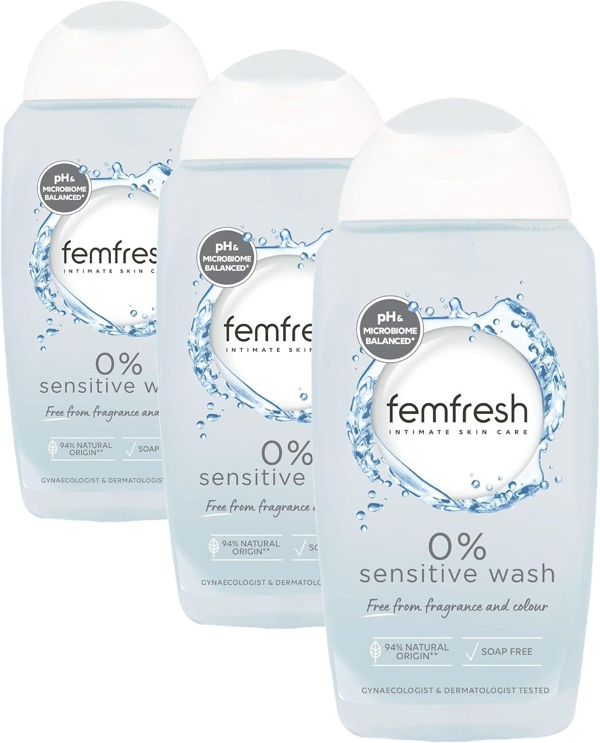 Femfresh 0% Sensitive Intimate Wash - Feminine Hygiene Shower & Bath Gel Cleanser - pH Balanced, Soap Free, Fragrance Free Vegan Formula - w. Purifying Lotus Flower Extract to Soothe & Protect - 250ml