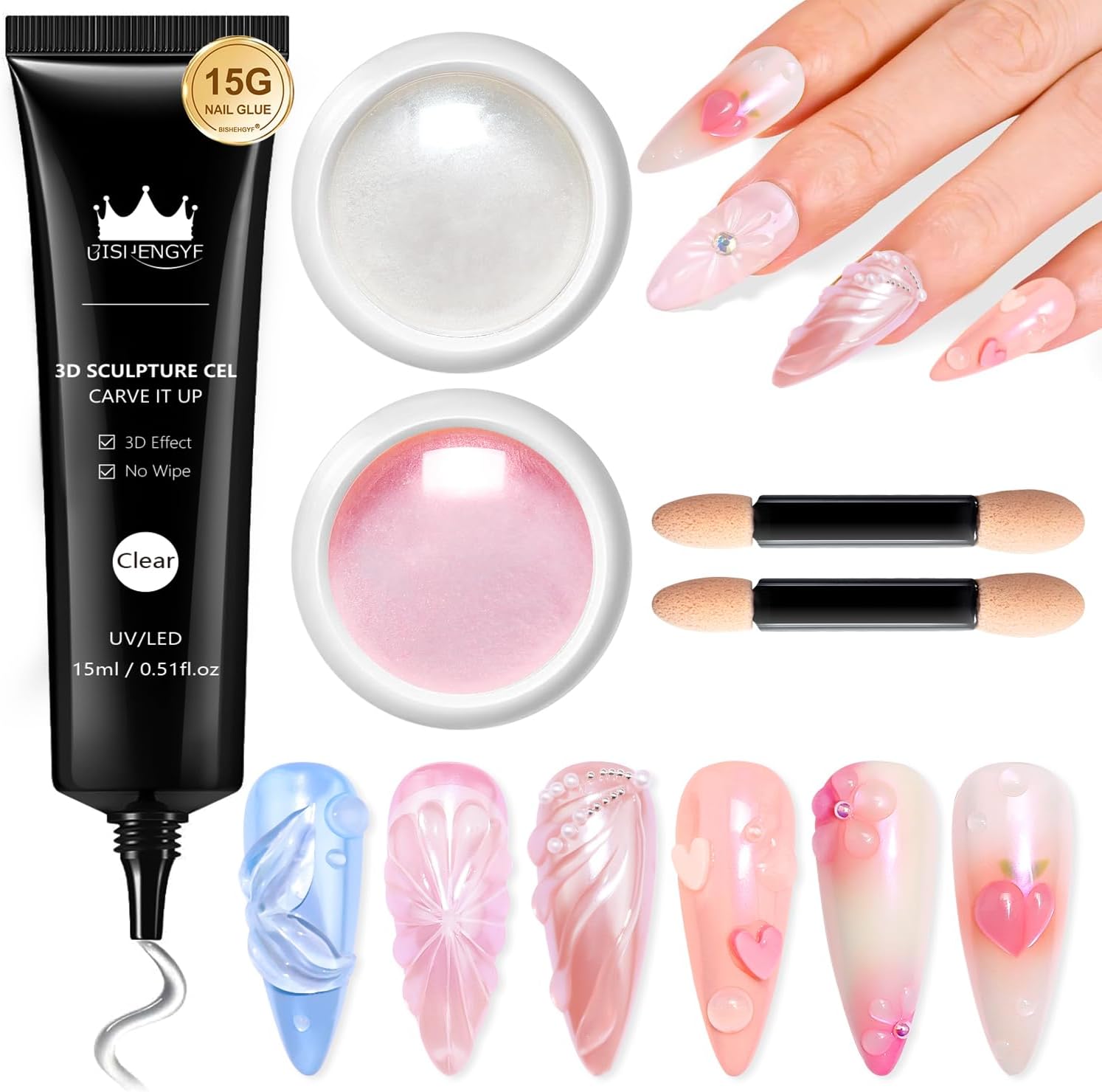 BISHENGYF Chrome Nail Powder With 3d Nail Gel Kit：15g No Wipe Clear 3d Sculpting Nail Gel,Moonlight Effect Glazed Donut Pearl Chrome Nail Powder for 5d Molding Nail Art Design Decoration(Pink)
