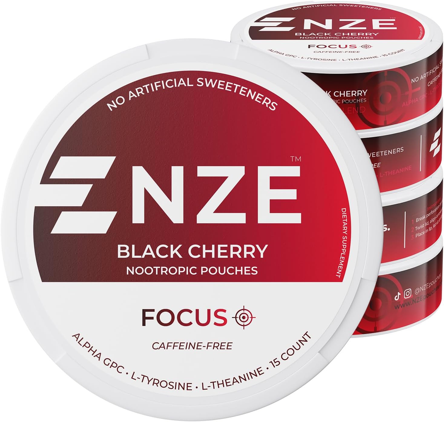 NZE Caffeine Free Nootropic Pouches (Black Cherry) - Nootropic Pouches with Alpha GPC, L-Tyrosine & L-Theanine - No Sugar or Artificial Sweeteners - 15 Nicotine Free Pouches Per Can - 5 Pack