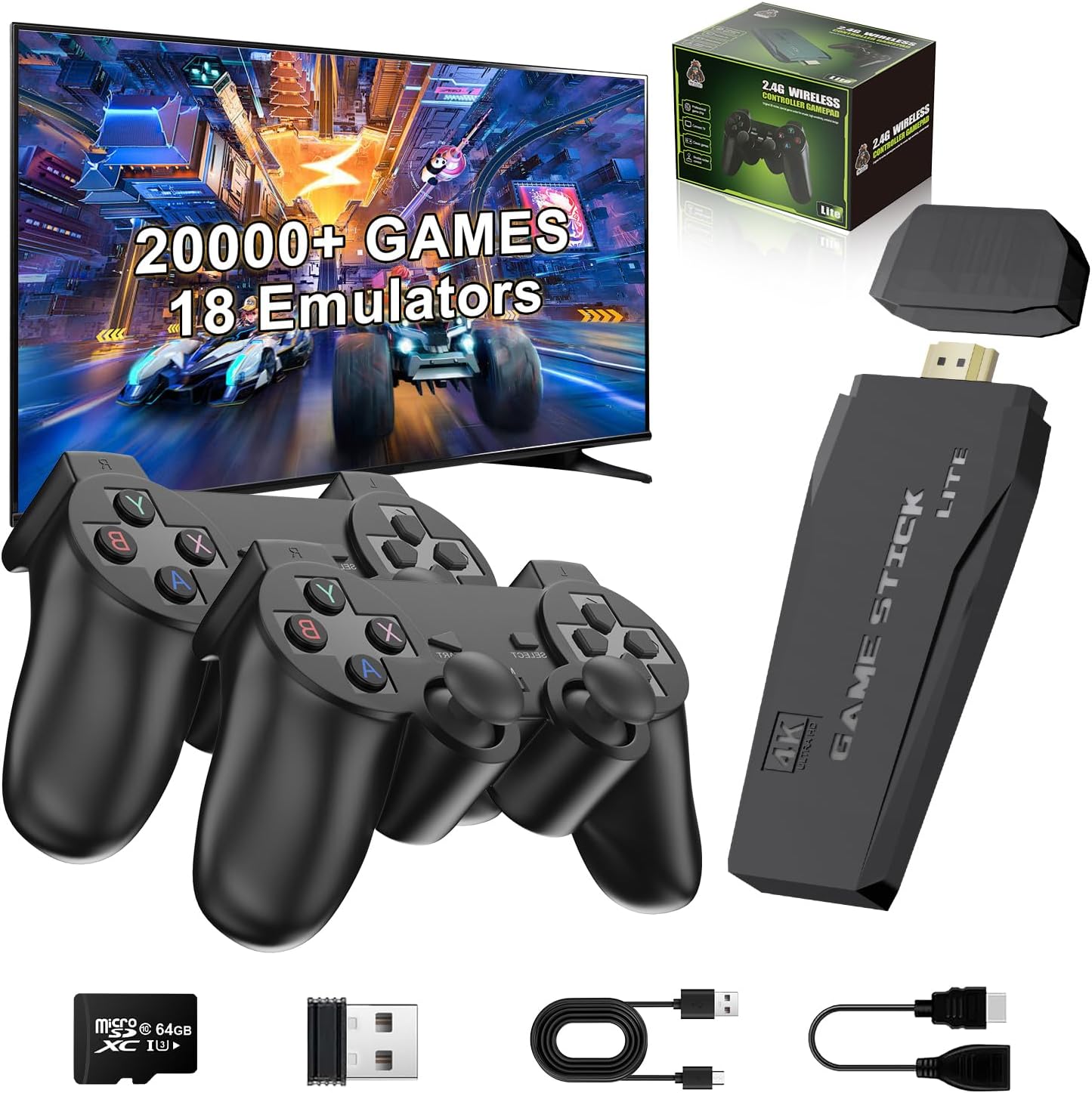 2025 Upgraded Retro Gaming Console, Retro Game Stick with Built-in 18 Emulators, Plug and Play Video Games for Tv, 20,000+ Retro Game Console, 4K HDMI Output, 2 2.4G Wireless Controllers(64G)