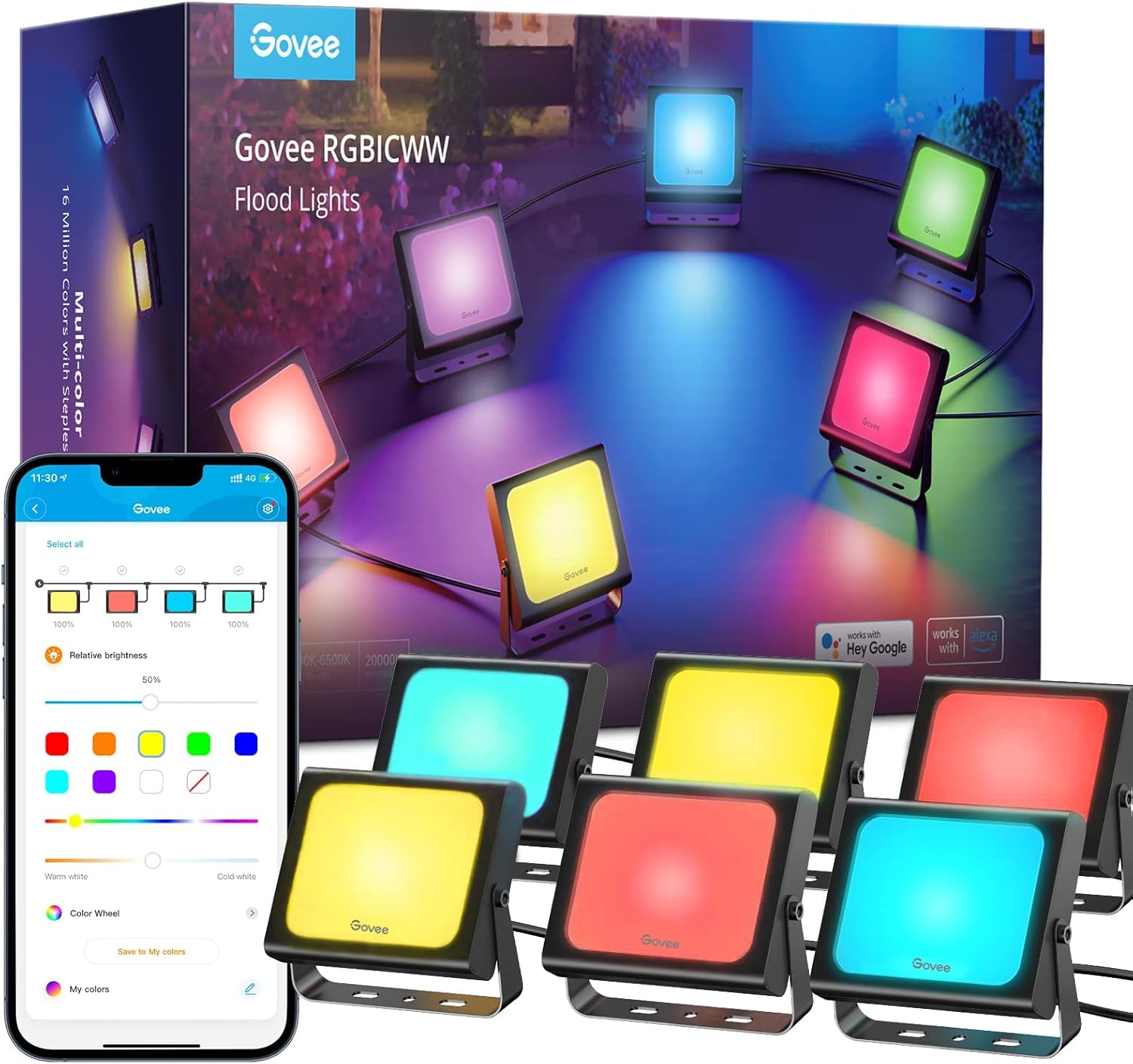 Govee RGBIC Outdoor Flood Lights, IP 66 Smart WiFi Outdoor Lights with App Control, Color Changing 500lm 2200-6500K Led with Garden Yards, Wired (6 Pack)