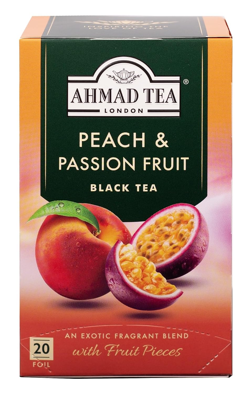 Ahmad Tea Black Tea, Peach & Passion Fruit Teabags, 20 ct (Pack of 1) - Caffeinated & Sugar-Free