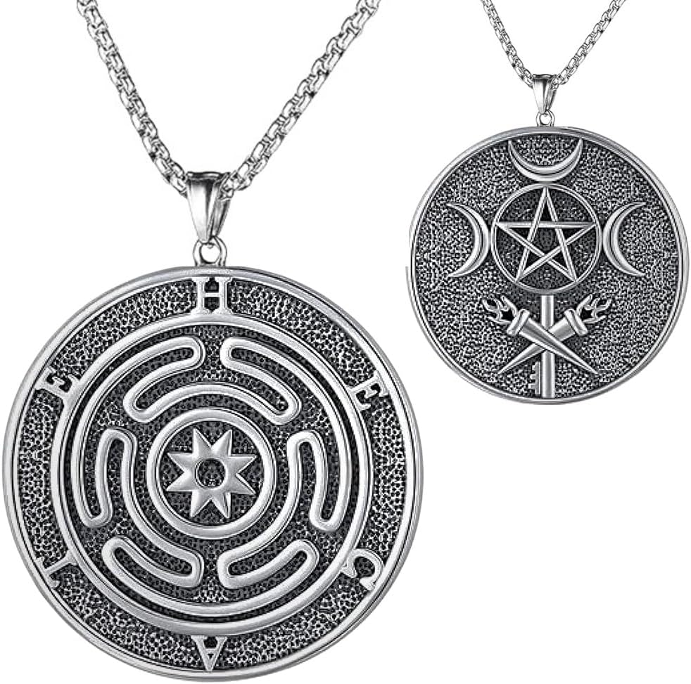 YWMAN Hecate Necklace for Women Men, Triple Moon Goddess & Hekate Wheel Pendant, Mystical Stainless Steel Jewelry for Witchcraft, Wiccan Gifts, Spiritual Protection & Magic