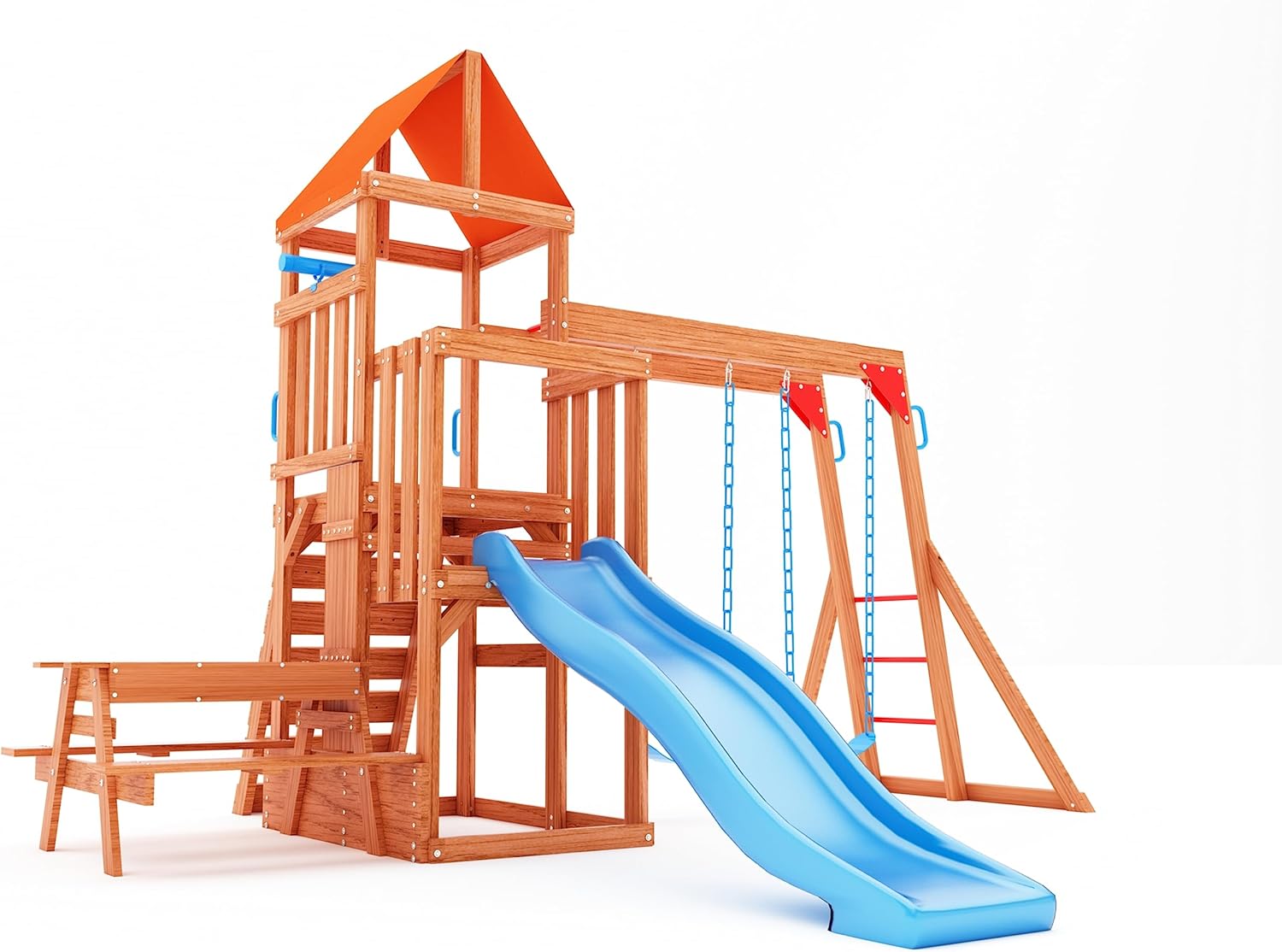 Dolphin Playground Cedar Wooden Swing Sets for Backyard, Outdoor Playset for Kids with Monkey Bar, 2 in 1 Outdoor Table, Wave Slide, Climbing Wall, and 2 Belt Swings, Playground Sets for Backyards