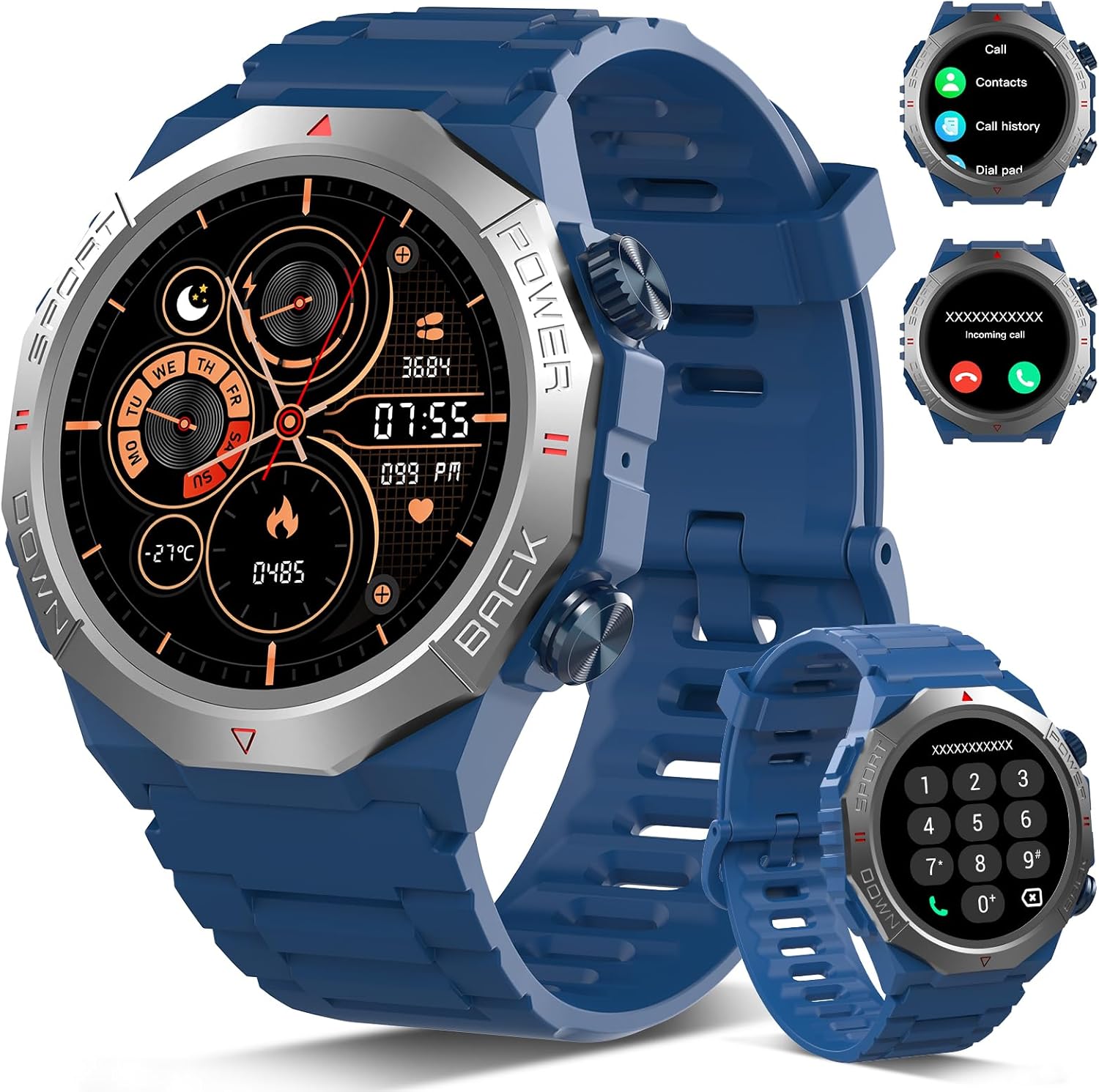 Military Smart Watch for Men Answer/Make Calls, 1.39" HD Fitness Watch with Heart Rate/SpO2/Sleep Monitor, 100+ Sports Modes Activity Trackers, IP68 Waterproof Outdoor Smartwatch, Blue