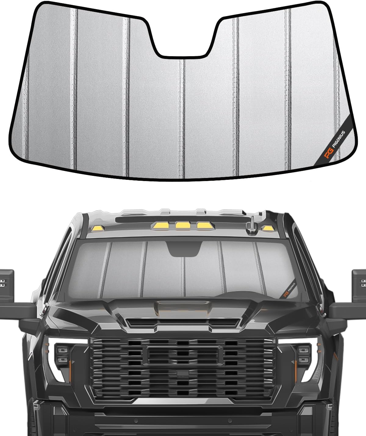 Pigenius Windshield Sun Shade for Chevy Silverado & GMC Sierra 1500/2500/3500 2019-2026 (WT, Custom, Pro Trims) - Fits All Trims 2019-2021, Non-HUD Models Only, Premium Grey Leather Finish