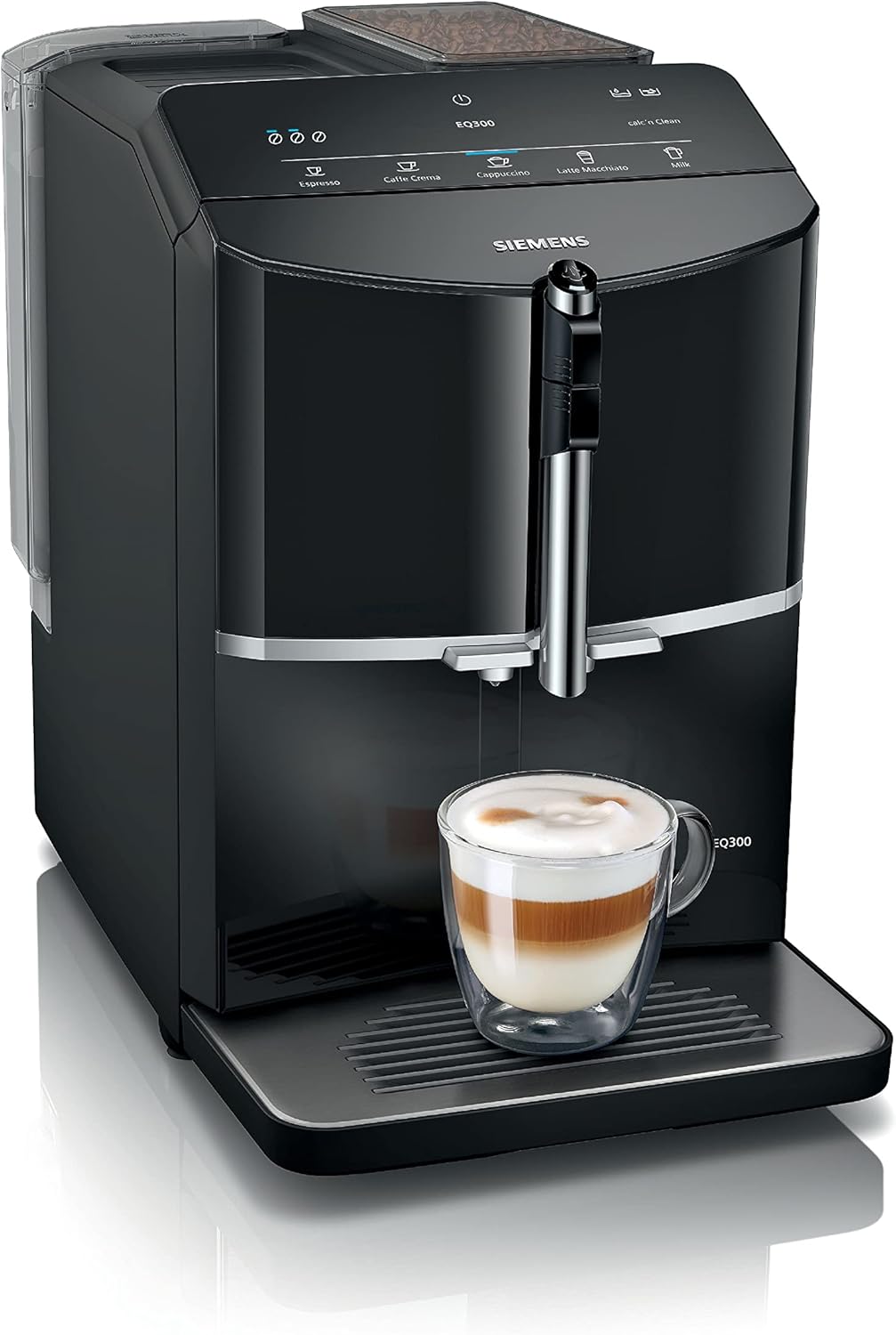 SIEMENS EQ300 Fully Automatic Bean to Cup Espresso Coffee Machine with milk frother arm, oneTouch Function, 4 coffee beverages, 3 coffee strengths, TF301G19, Piano Black