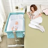 BABY JOY Baby Bedside Crib, Portable Travel Sleeper Bed Side Bassinet w/Carrying Bag, Newborn Bassinet to Infant, Kids Crib with Detachable Mattress, Height Adjustable Design, Breathable Mesh, Green