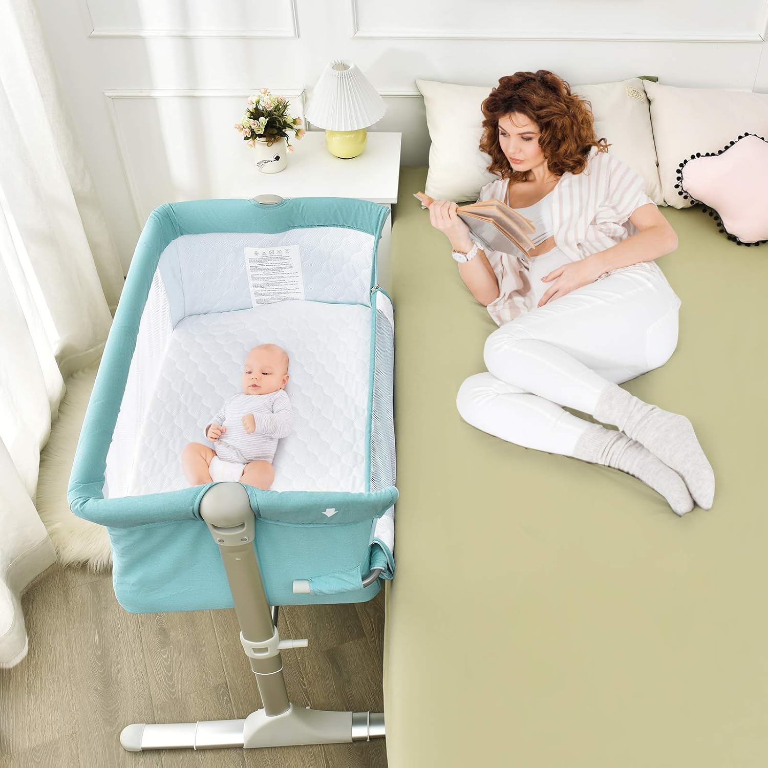 BABY JOY Baby Bedside Crib, Portable Travel Sleeper Bed Side Bassinet w/Carrying Bag, Newborn Bassinet to Infant, Kids Crib with Detachable Mattress, Height Adjustable Design, Breathable Mesh, Green