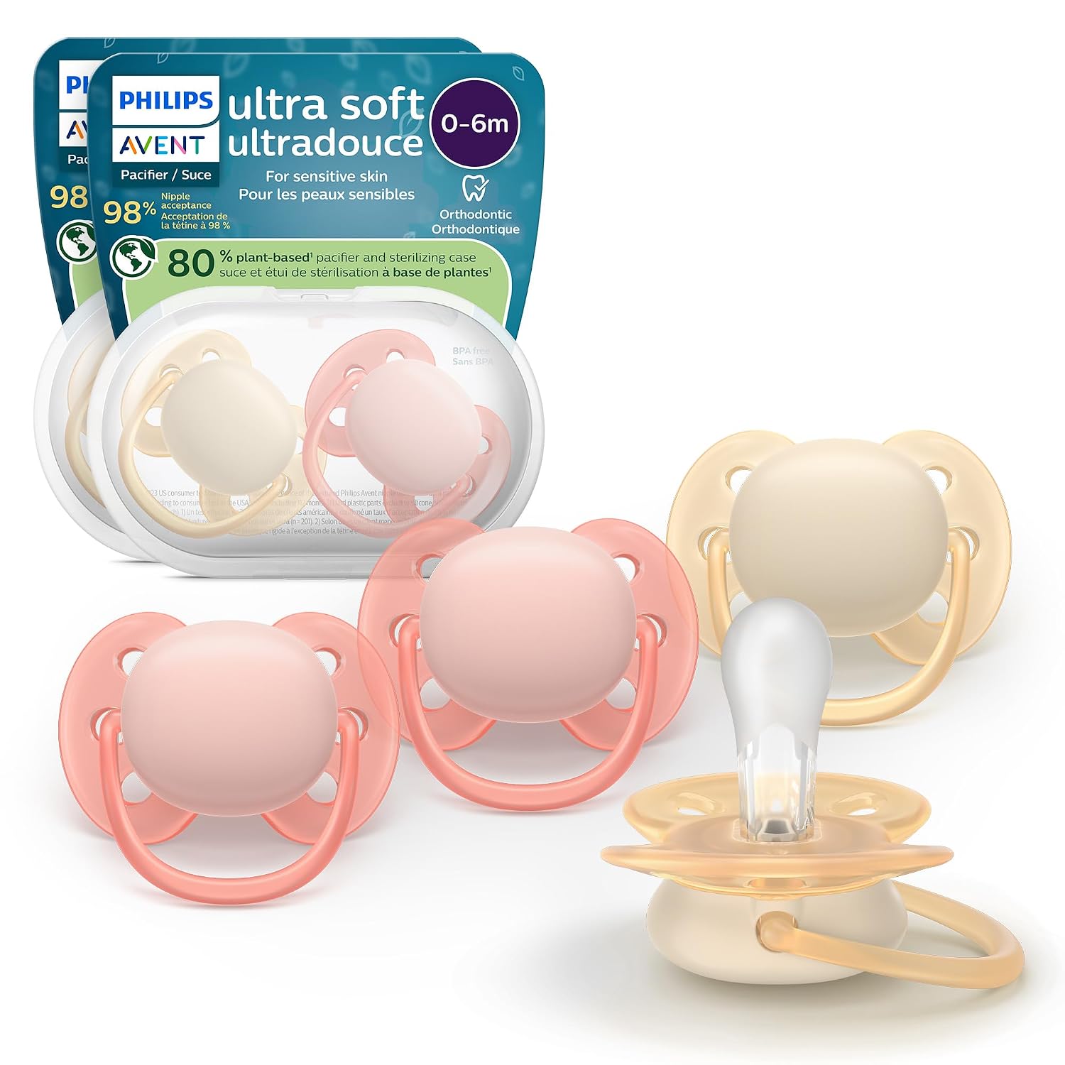 Philips Avent Ultra Soft Baby Pacifier, 0-6 Months, BPA-Free, 4-Pack | Flexible Shield, Fewer Skin Marks, Food-Grade Silicone Nipple, 98% Nipple Acceptance, 2 Sterilizing Cases, SCF091/47