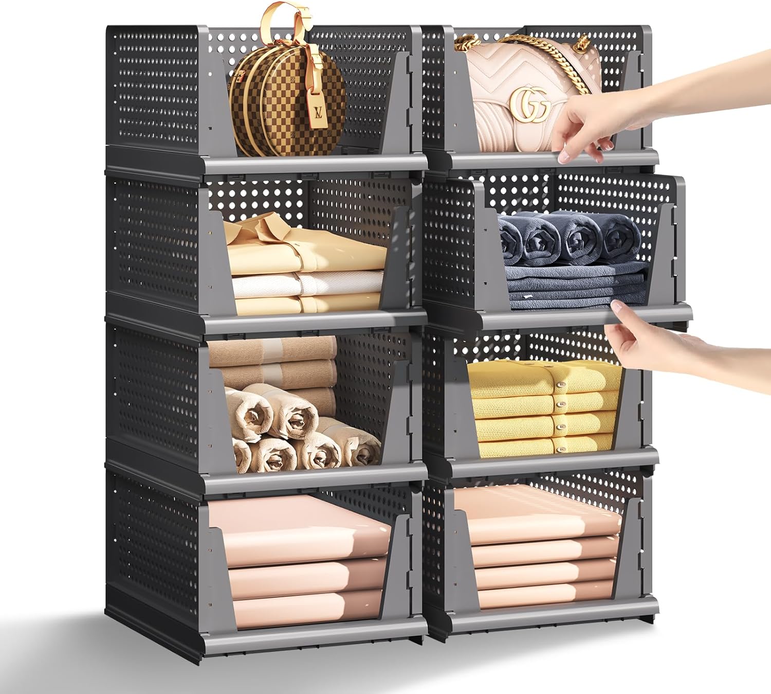 Closet Organizers and Storage, 5 Packs Stackable Plastic Storage Basket for Closet, Large Open Front Storage Bins Box Stackable Shelves for Cupboard Bathroom Kitchen Office, 5L, Grey