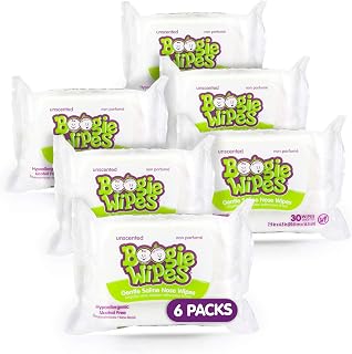 Saline Nose Wipes by Boogie, for Baby & Kids, Face, Hand & Body, FSA/HSA Eligible, Made with Vitamin E, Aloe, and Natural Saline, Unscented, 30 Count (Pack of 6)