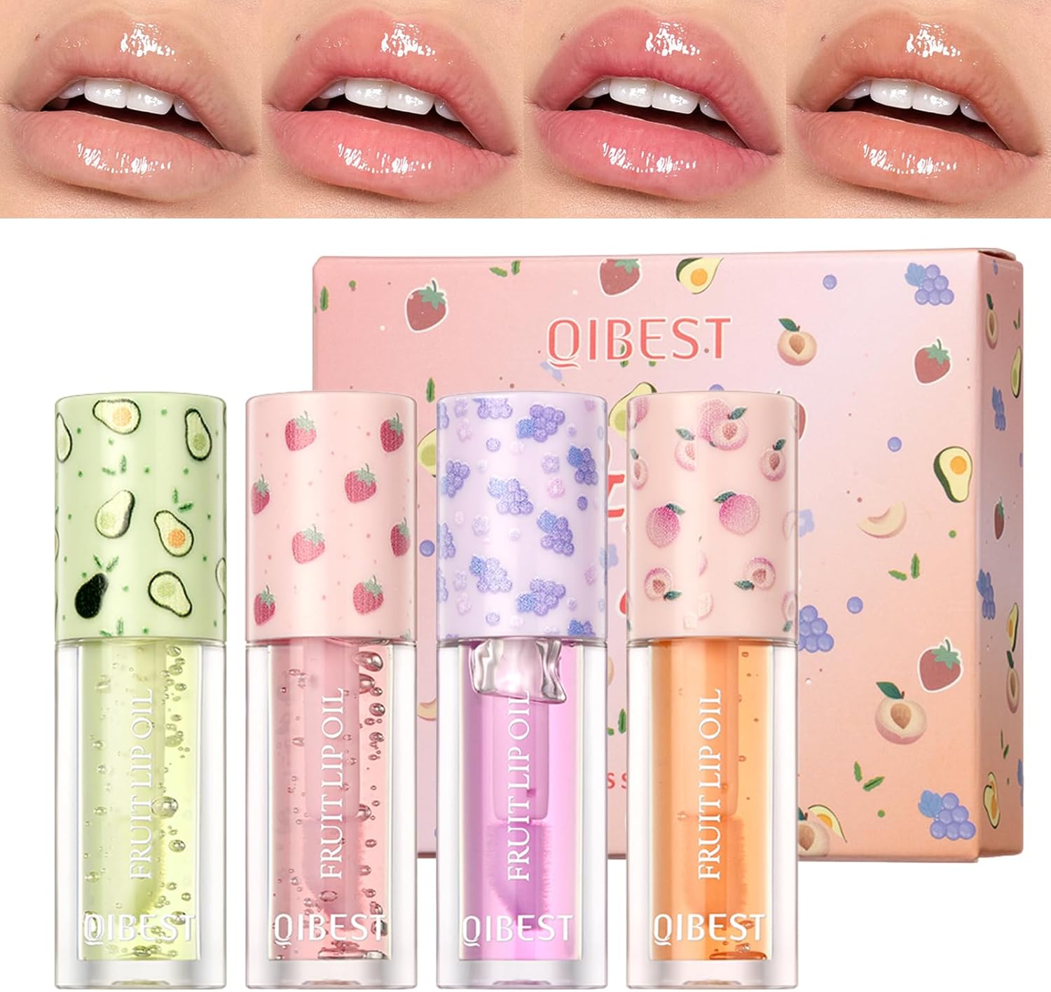 Mrettick Hydrating Lip Gloss 4 Pack Moisturizing Lip Balm Fruit-Flavored Lip Glow Oil Set Lip Care Kit,Beauty Gifts Sets for Women (#2, M)