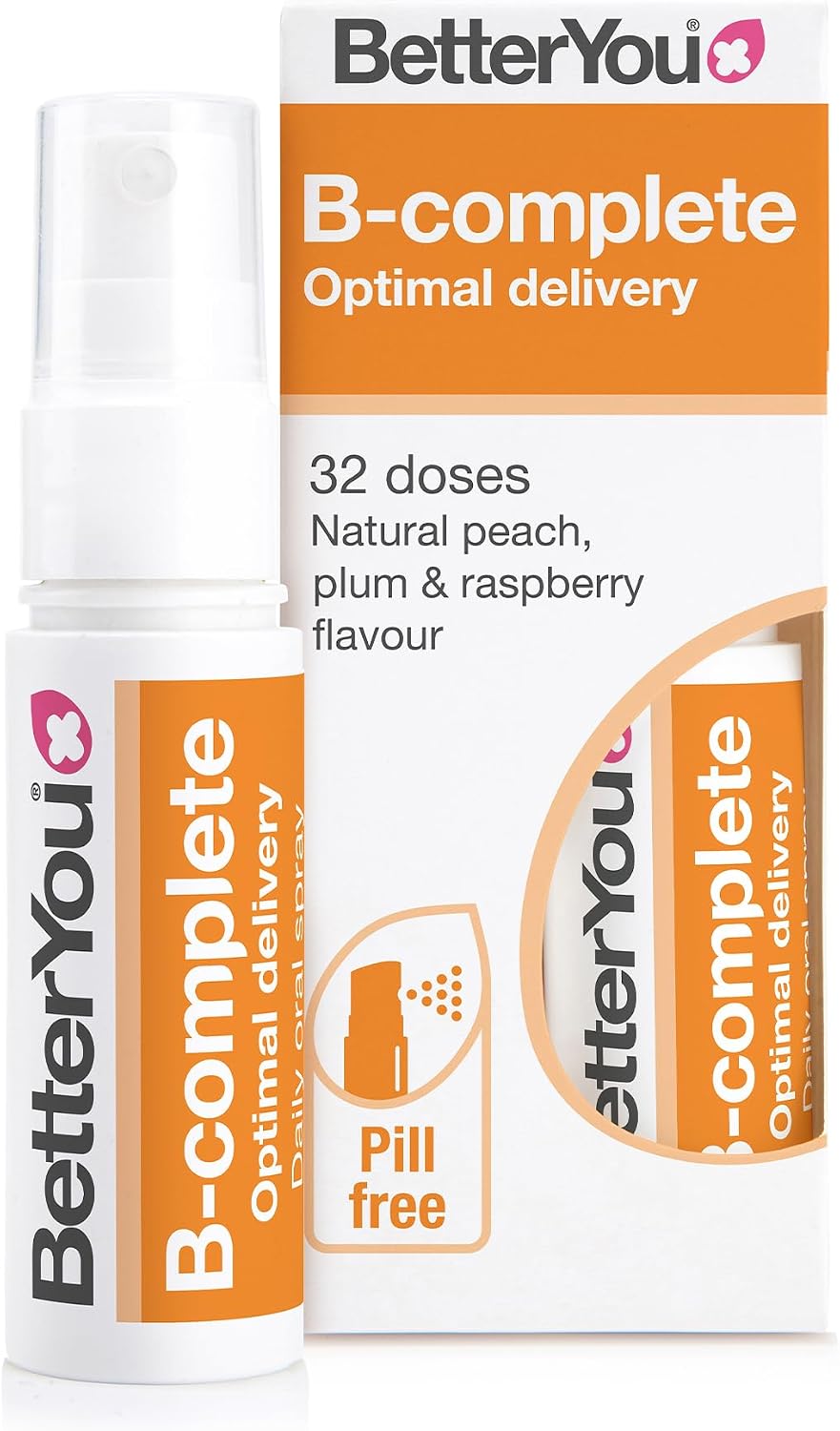BetterYou B-Complete Oral Spray, Fast Acting B-Complex Supplement, High Strength Blend of All 8 B-Vitamins, Natural Peach, Plum & Raspberry Flavour, 1-Month Supply