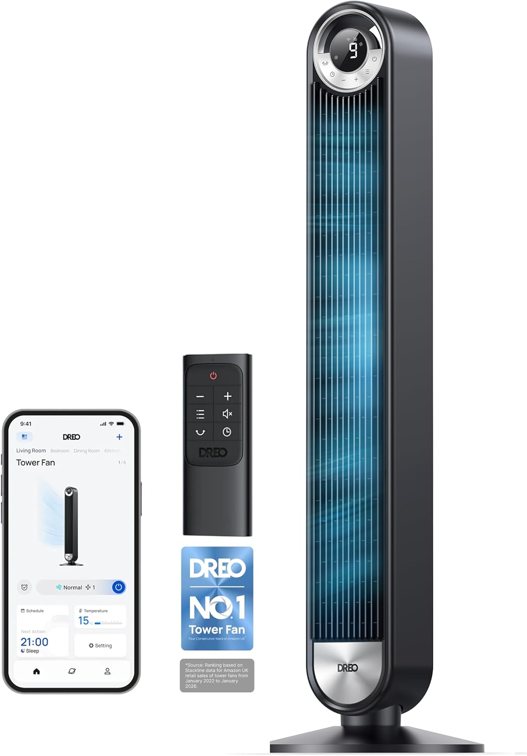 DREO 42" Smart Tower Fan, 8.5m/s, 90ยฐ Oscillation, Remote, WiFi & Alexa