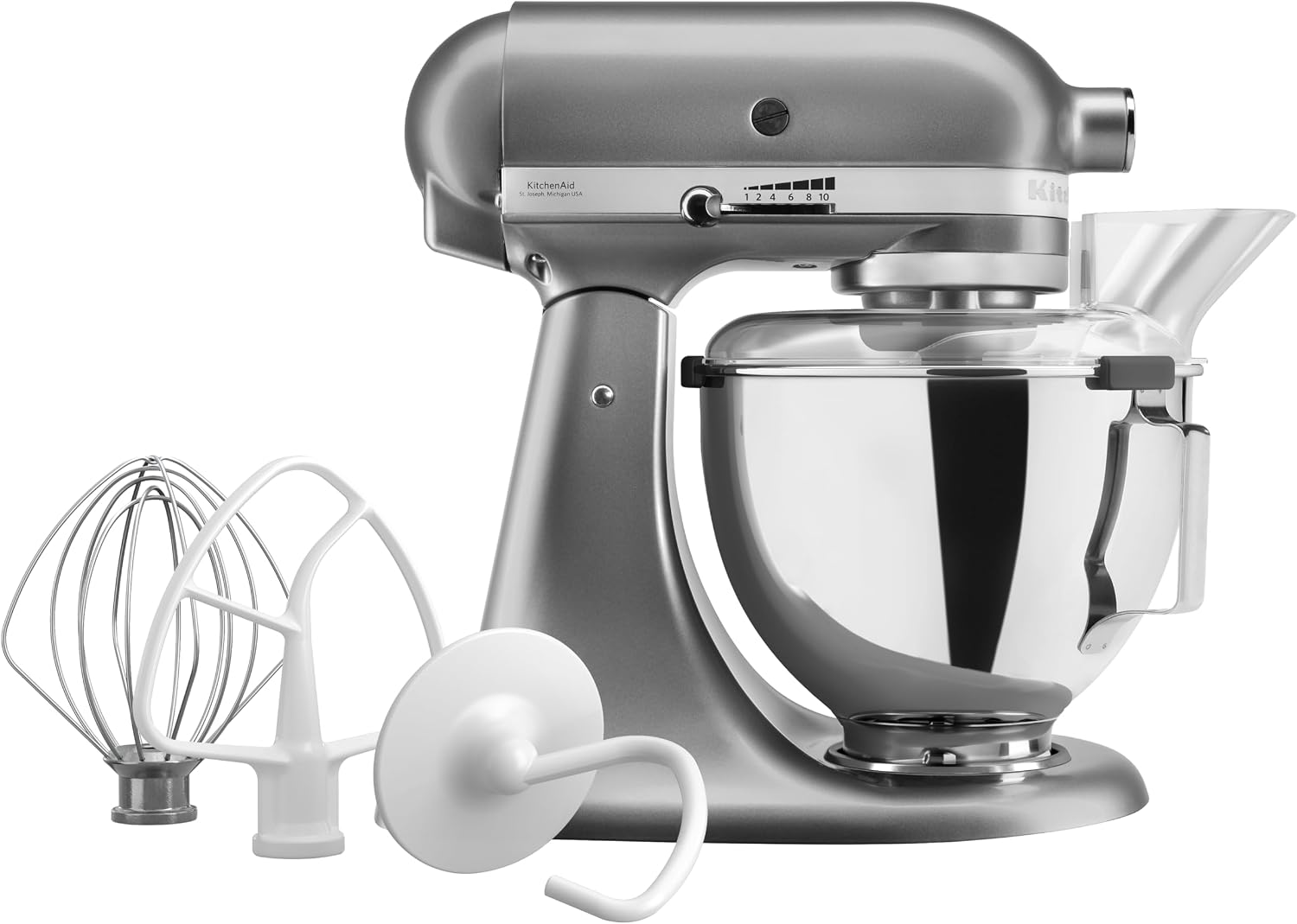 KitchenAid Tilt-Head Stand Mixer, 4.3L Stainless Steel Bowl, Full Metal Construction, Planetary Mixing Action, 10 Speeds, Pouring Shield, Whisk, Flat Beater & Dough Hook, Contour Silver