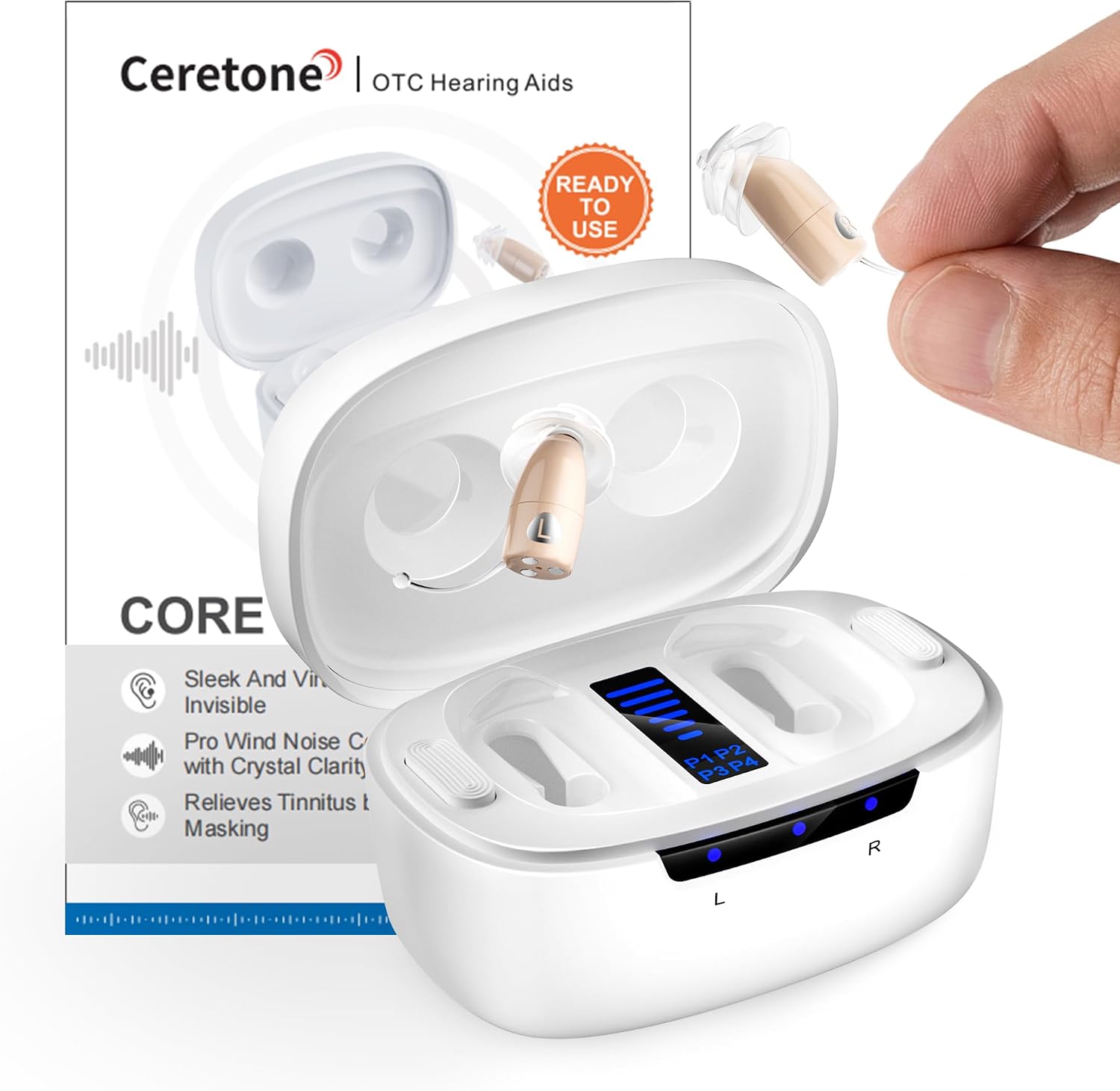 Ceretone Core One Pro OTC Hearing Aids for Seniors, Tiny Invisible Rechargeable Hearing Aids for Adults, Intricon® Digital Chip, Wind Noise Reduction, Auto On/Off, Charging Case, Easy Volume Control