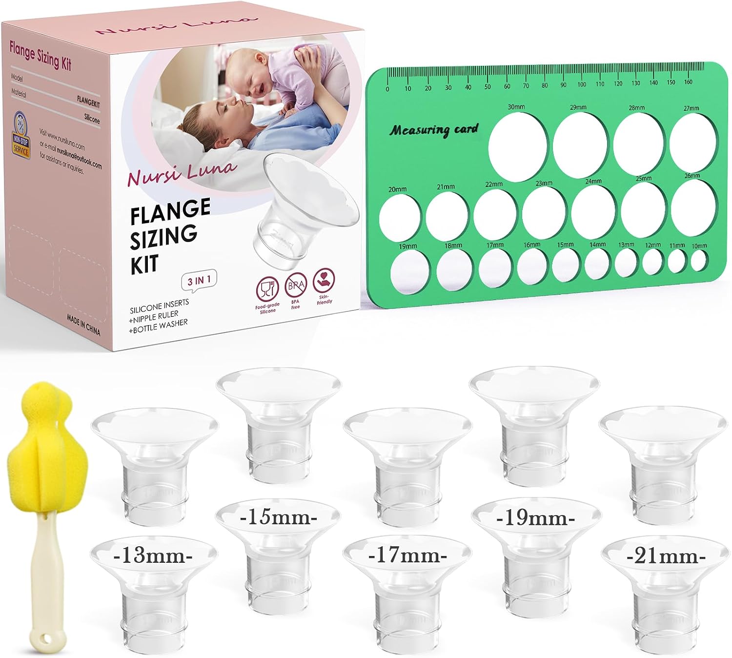 Nursi Luna Flange Sizing Kit 13/15/17/19/21mm 10PCS for 24mm Breast Pumps