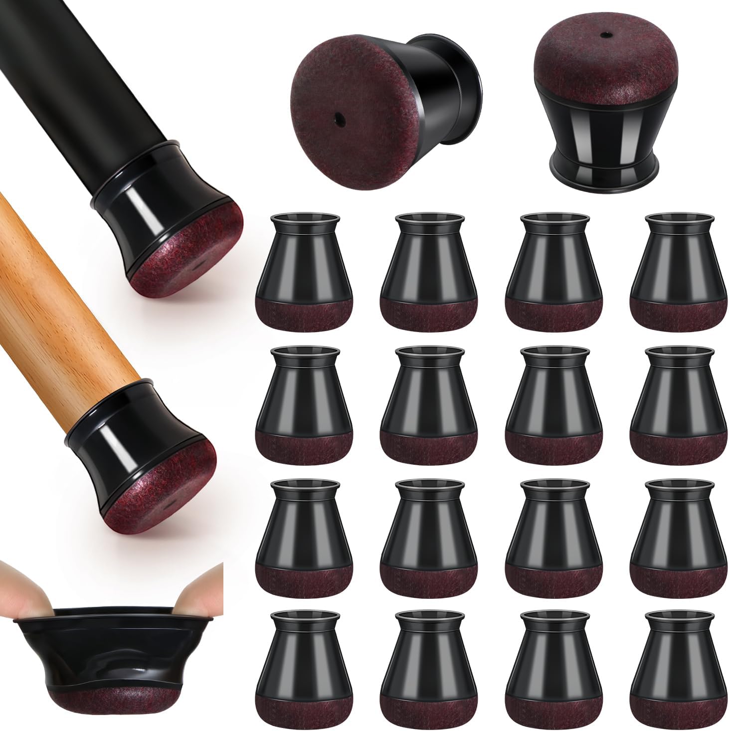 Chair Leg Floor Protectors, 16 Pcs Extra Small Black Silicone Chair Leg Covers Caps for Hardwood Floors with Wrapped Felt, Furniture Feet Protectors Pads (Fit:15-20mm)