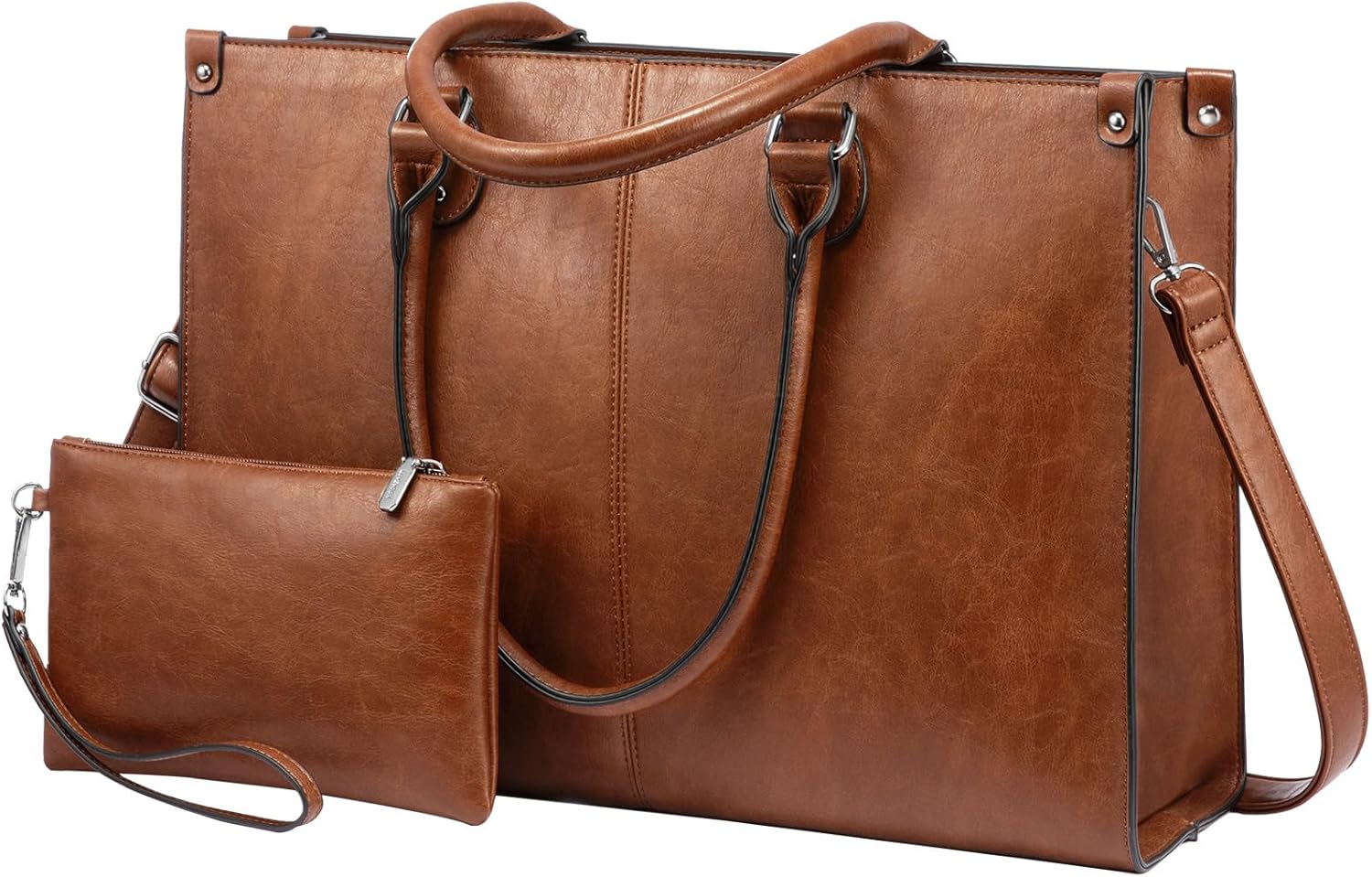 LOVEVOOK Laptop Bags for Women,15.6 Inch PU Leather Tote Bag with Wristlet Pouch, Retro Ladies Handbag Shoulder Bag Briefcase for Work School Office Business,Brown