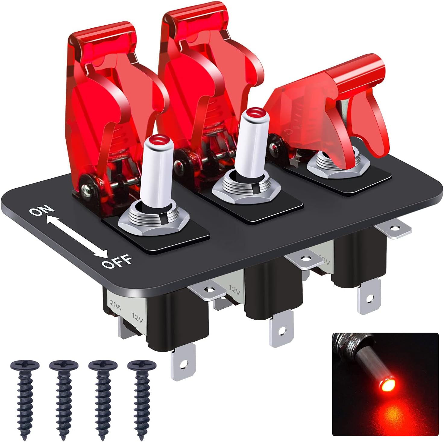 Taiss/3 Gang Rocker Toggle Switch Panel with 12V LED Light Toggle Switch 20A Heavy Duty Racing Car SPST 3Pin ON/Off Red LED Illuminated Switch Plate and Red Waterproof Safety Cover ASW-07DRRMZ-BZ