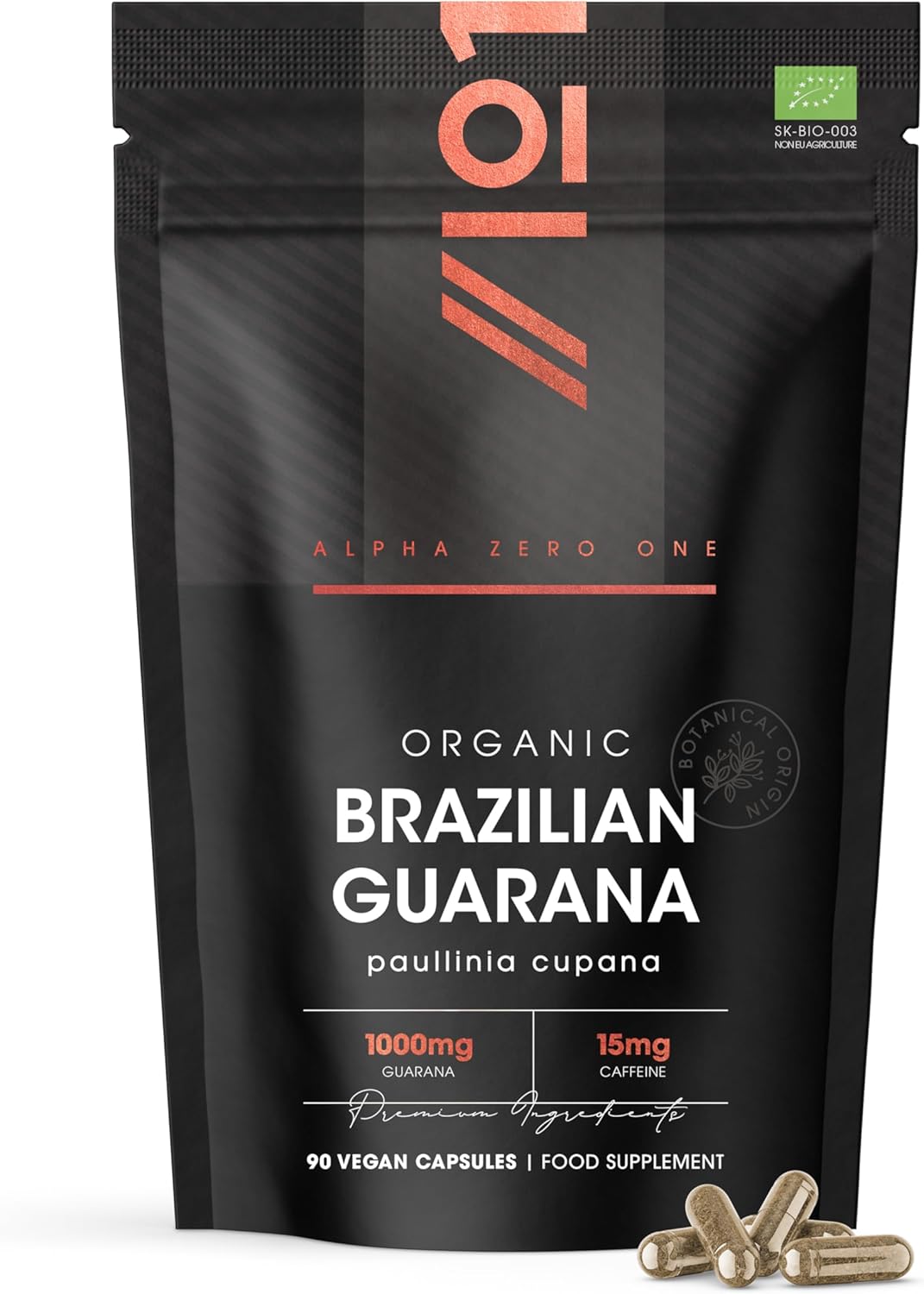 Organic Brazilian Guarana 1000mg - Energy Supplement Natural Source of Caffeine - 90 Vegan Capsules – Resealable and Recyclable Pouch by Alpha01
