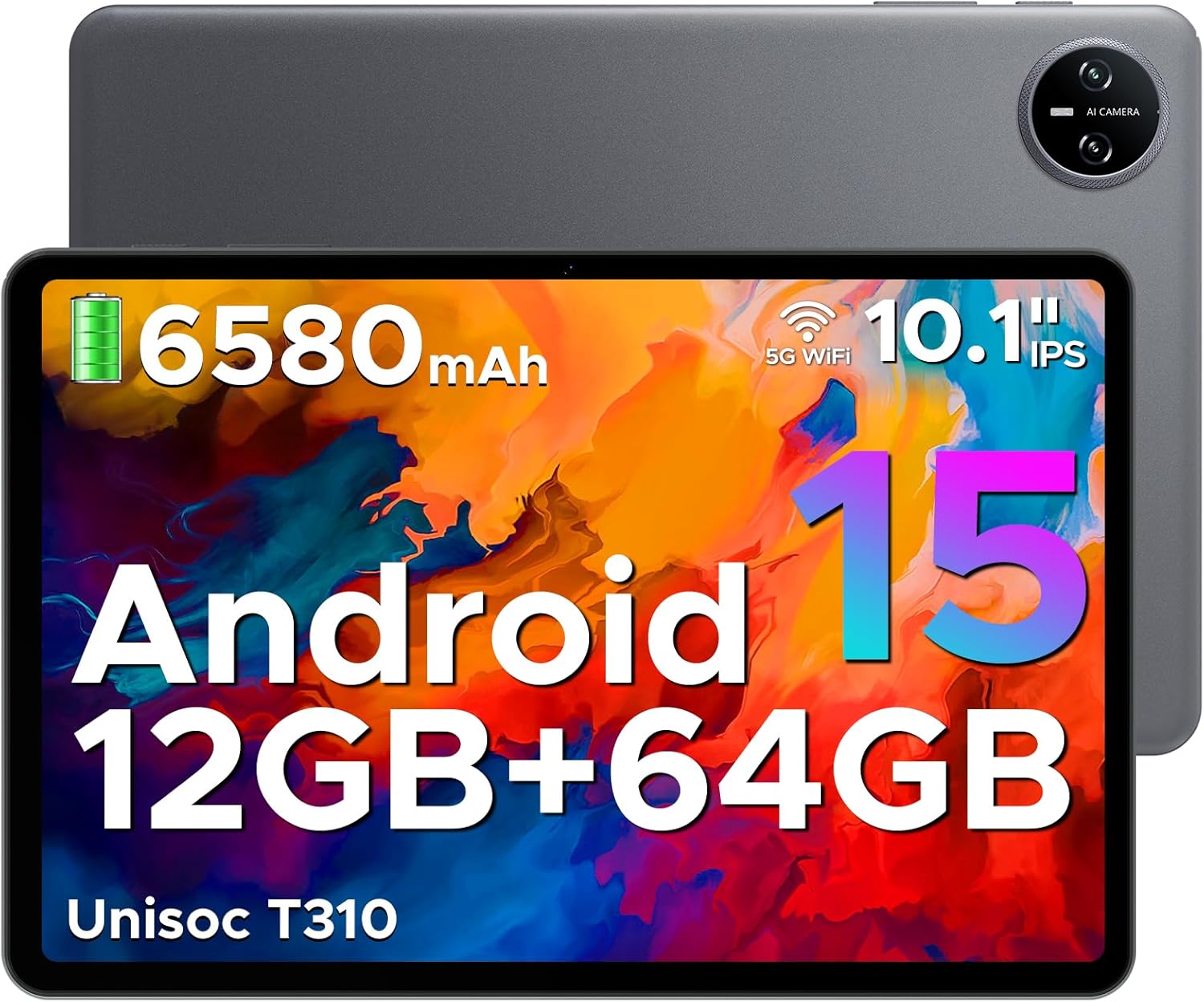 DOOGEE Tab A9 Android 15 Tablet 10 Inch(2025), Unisoc T310 Android Tablets 12GB RAM 64GB ROM(TF 2TB), 6580 mAh Battery, 5G WiFi|Dual Speaker|8MP AI Camera|Type-C|GMS|Bluetooth|Face ID|3.5mm Jack-Gray