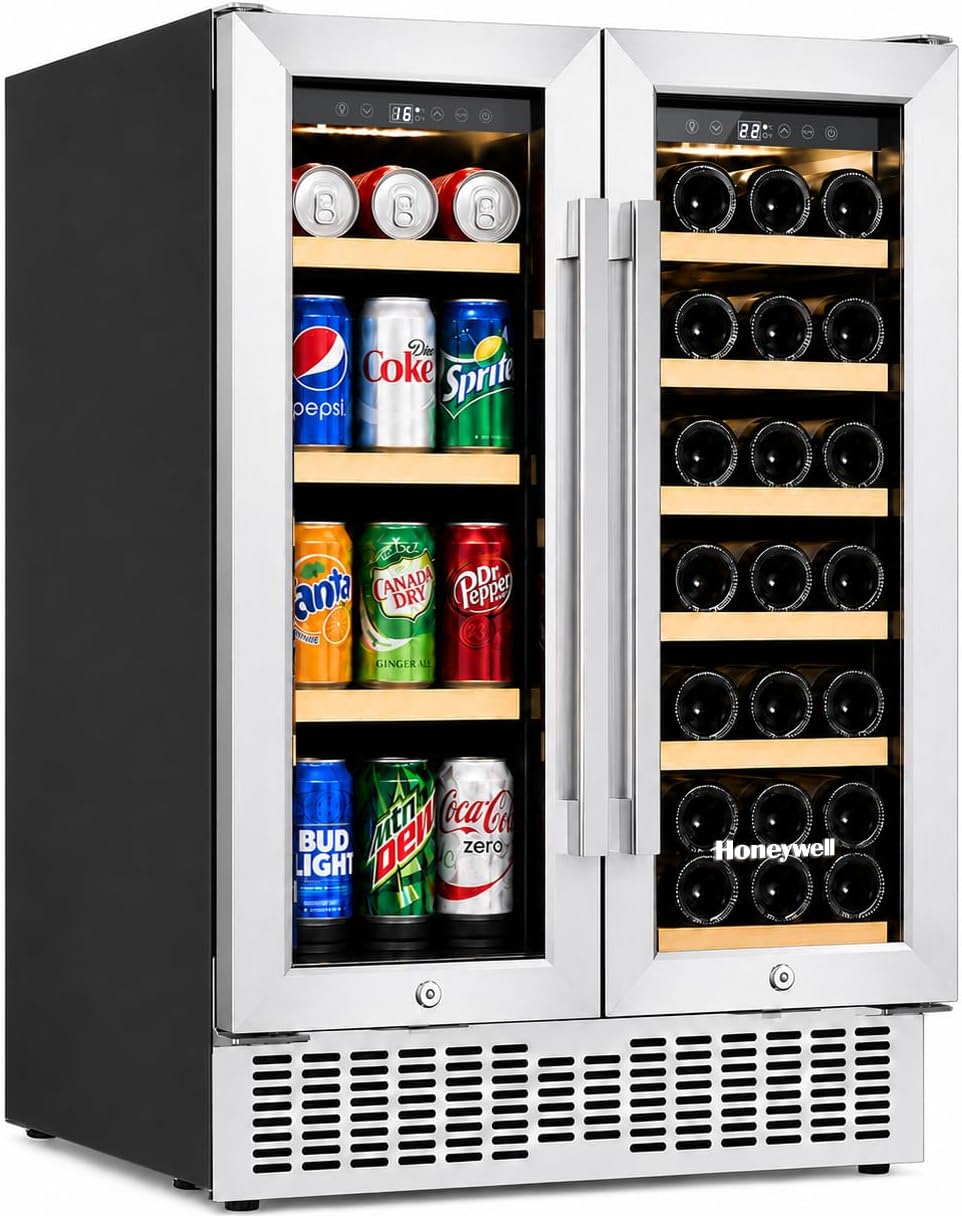 Honeywell 24 Inch Dual Zone Compressor Wine Cooler Refrigerator & Beverage Cooler,Large Freestanding Wine Cellar For Red,White,Champagne or Sparkling Wine,Digital Temperature Control,Stainless Steel