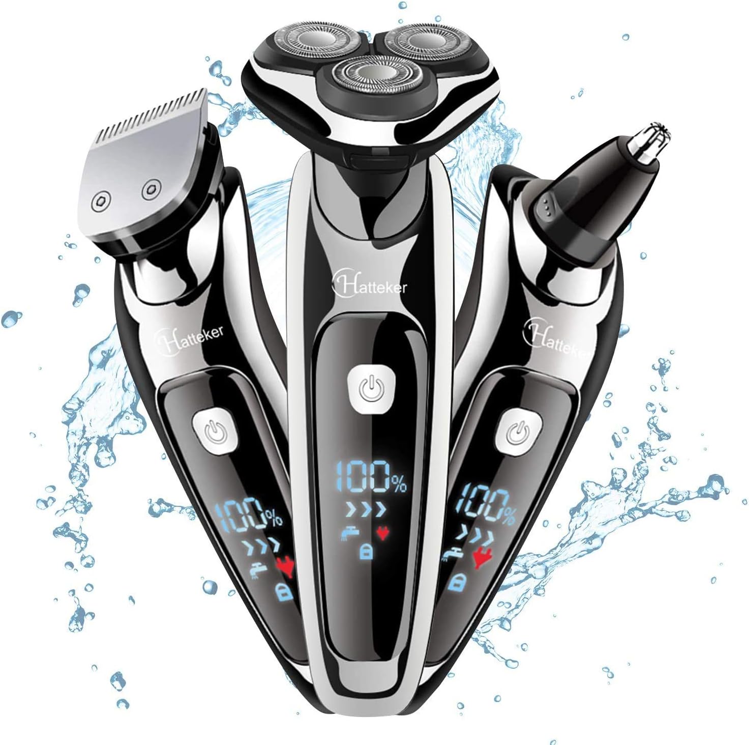 Hatteker Mens Electric Shaver Razor Beard Trimmer Rotary Shaver for Men Cordless Sideburn Nose Trimmer Wet Dry Shaver Waterproof USB Rechargeable Classic Black 3 in 1