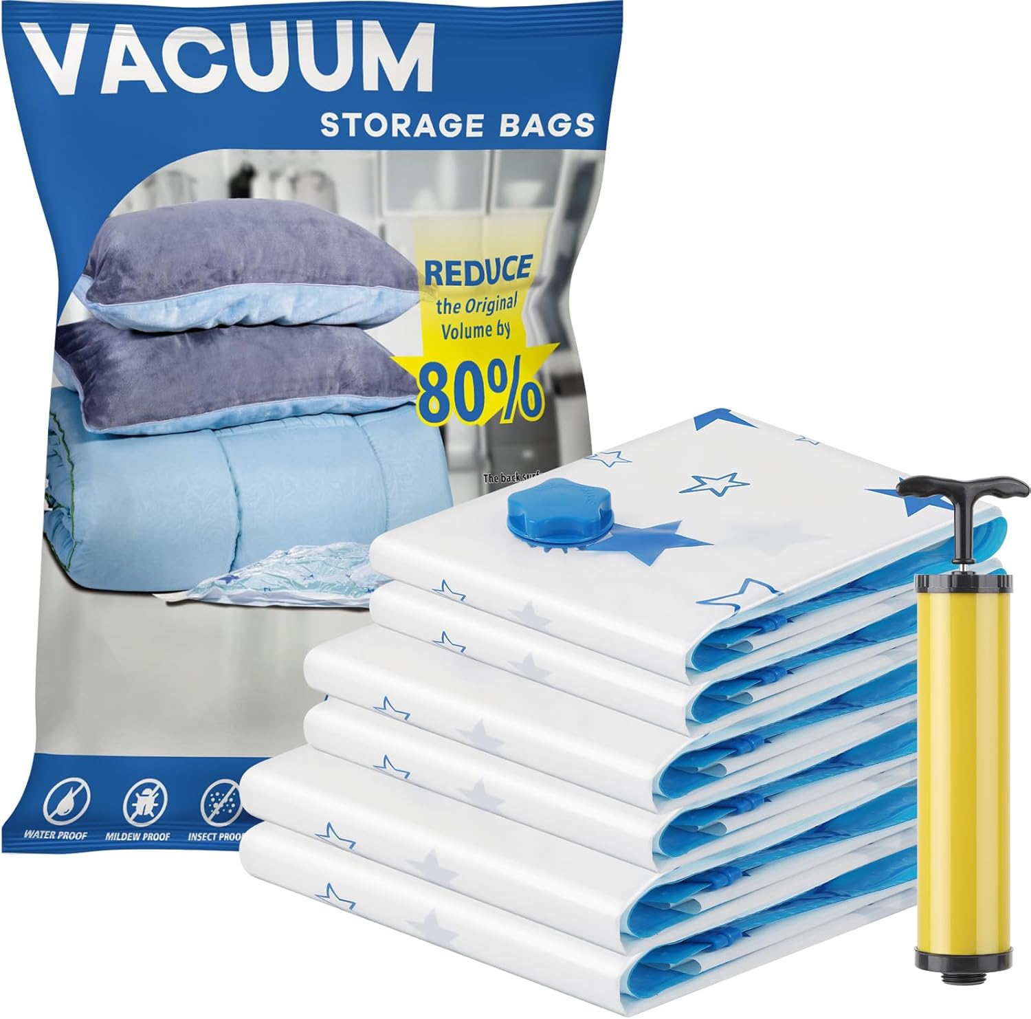 UOUNE Vacuum Storage Bags, 6-Pack (2 Jumbo, 2 Large, 2 Medium) Reusable Space Saver Bags Vacuum Compression Zipper Storage Bags with Airtight Valve and Hand Pump,Work with Vacuum Cleaner