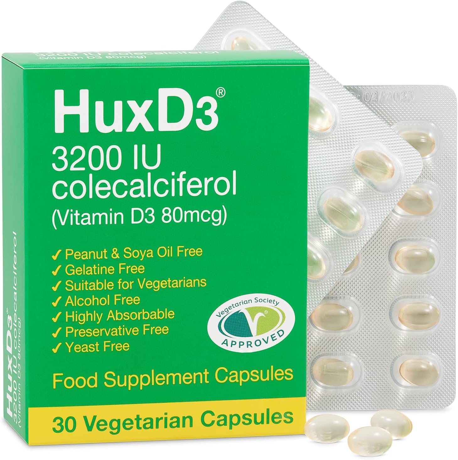 Hux D3 Vitamin 3200iu, Huxley Europe, Vegetarian Capsules, Suitable for Kosher and Halal Diets 30 Count (Pack of 1)
