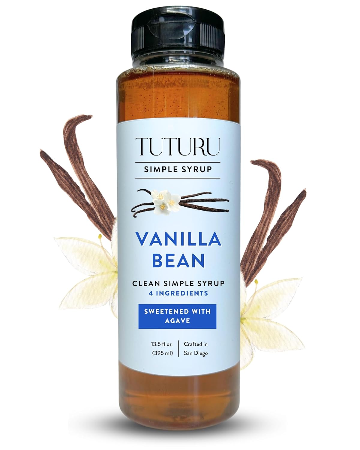Vanilla Bean Agave Simple Syrup for Coffee & Cocktails - Sweetened with Organic Agave Nectar - Infused with Real Vanilla Bean - 13.5 oz