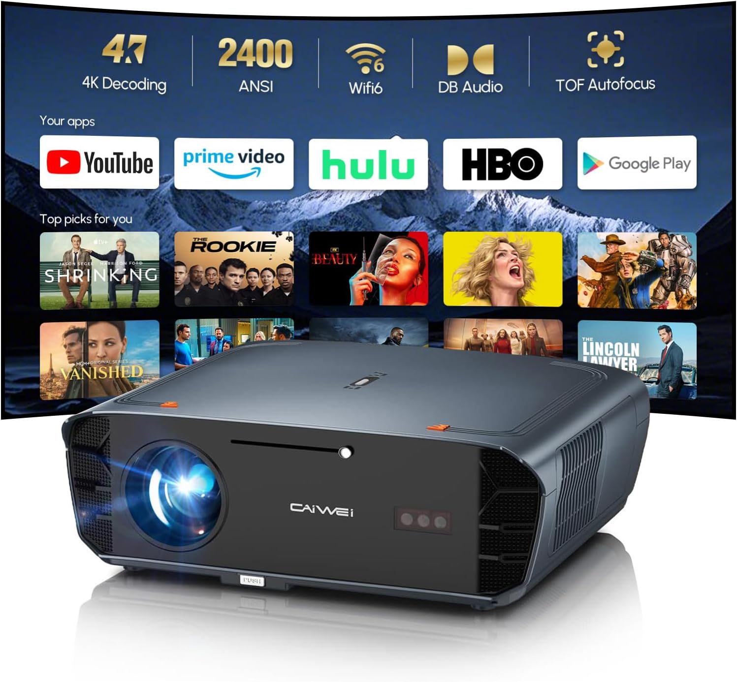 Smart Projector 4K with Google TV, 2400 ANSI Lumens Daytime Viewing, HDR10, NFC, WiFi 6,Bluetooth 5.4, DB Audio, HDMI ARC 2.1,Auto Focus&Keystone,Zoom,Ceiling Mount Home Theater Movie&Gaming Projector