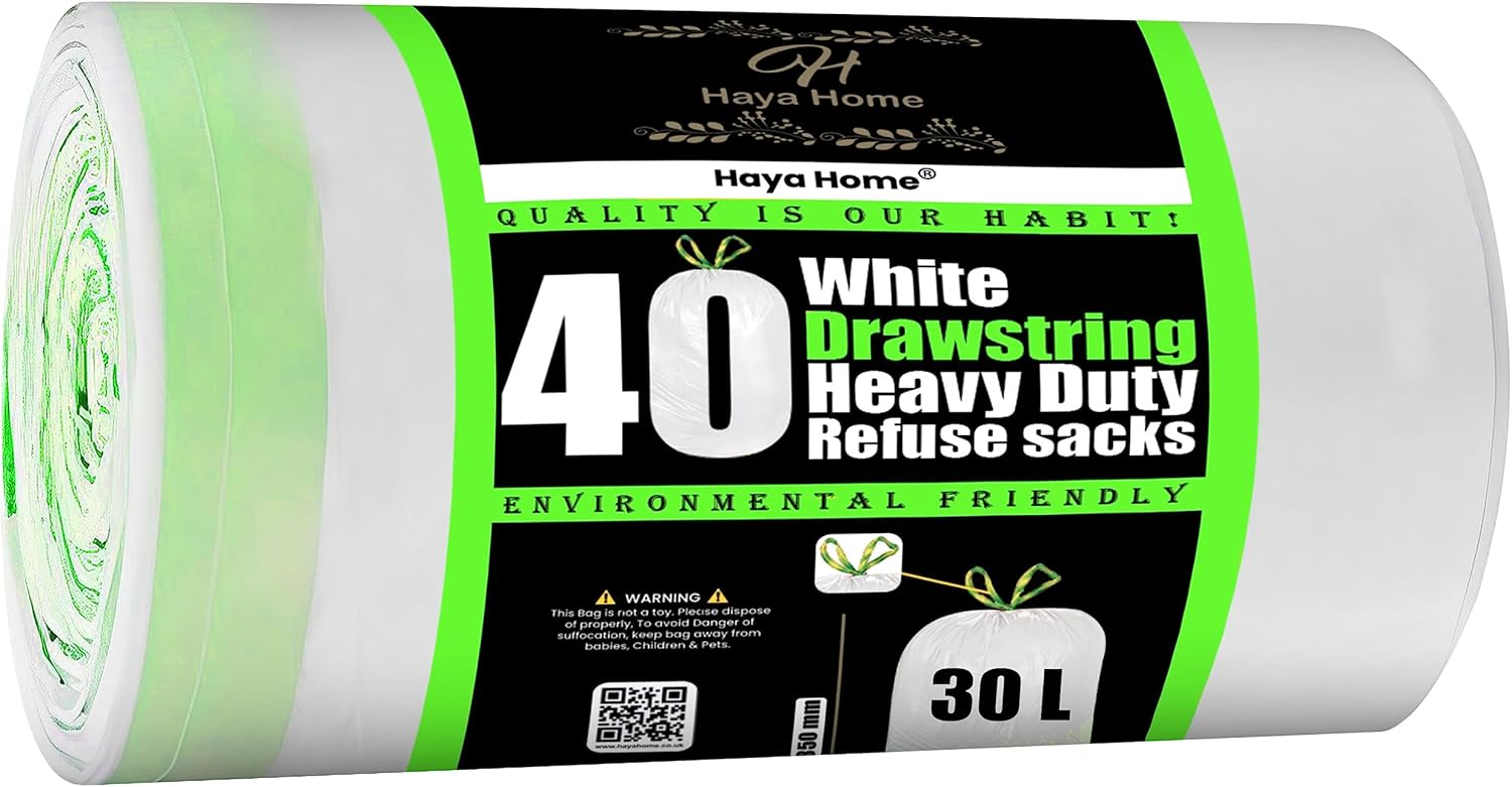 HayaHome 30L Litre Apple Scented 40 Drawstring Extra Strong Kitchen Bin Liner Heavy Duty Bin Bags White Plastic Refuse Sacks tie top handle large Waste Dustbin Bags for Kitchen Home Office DIY Garden