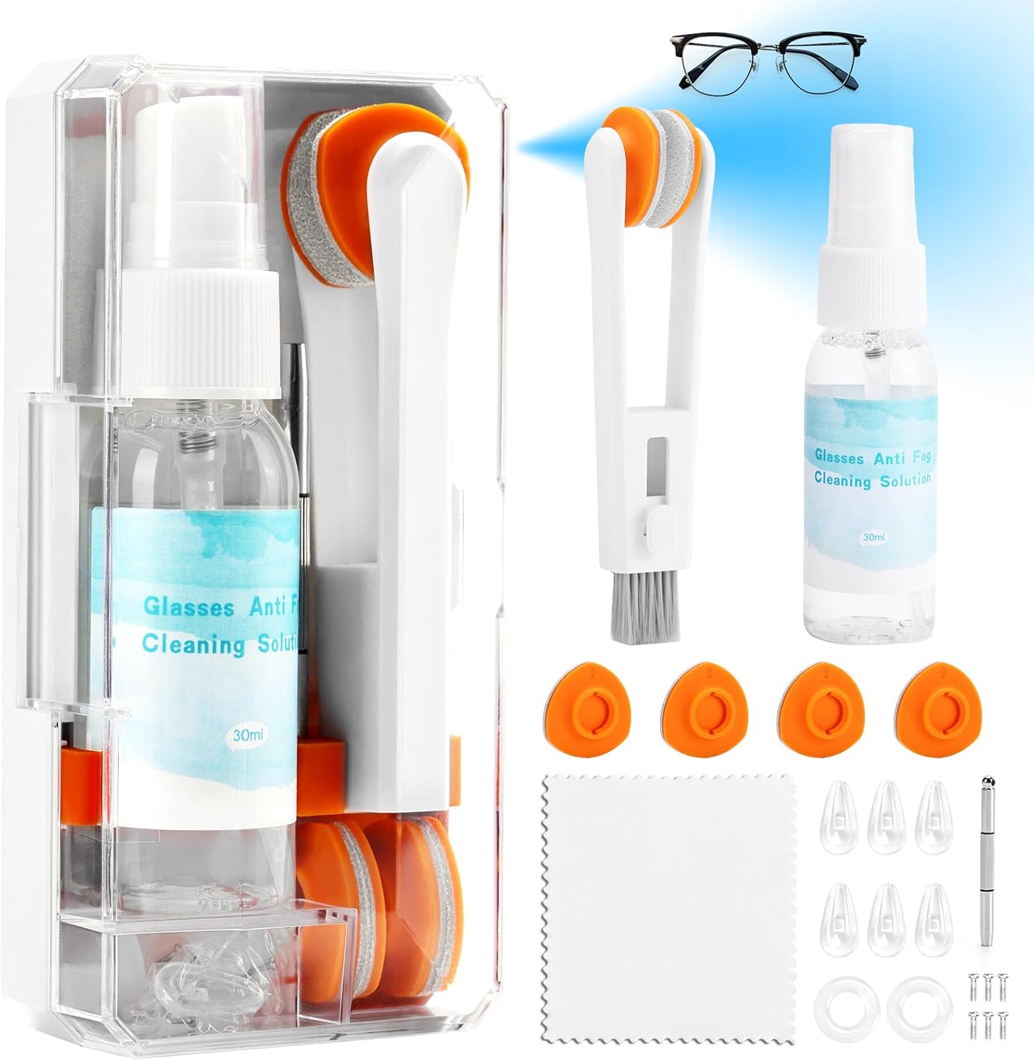 Glasses Cleaner, Glasses Cleaning Kit with Eyeglass Cleaner Spray, Eyeglass Lens Cleaner, Microfiber Cleaning Cloth,Portable Eyeglass Repair Kit with Screws, Safe for All Lens(White)