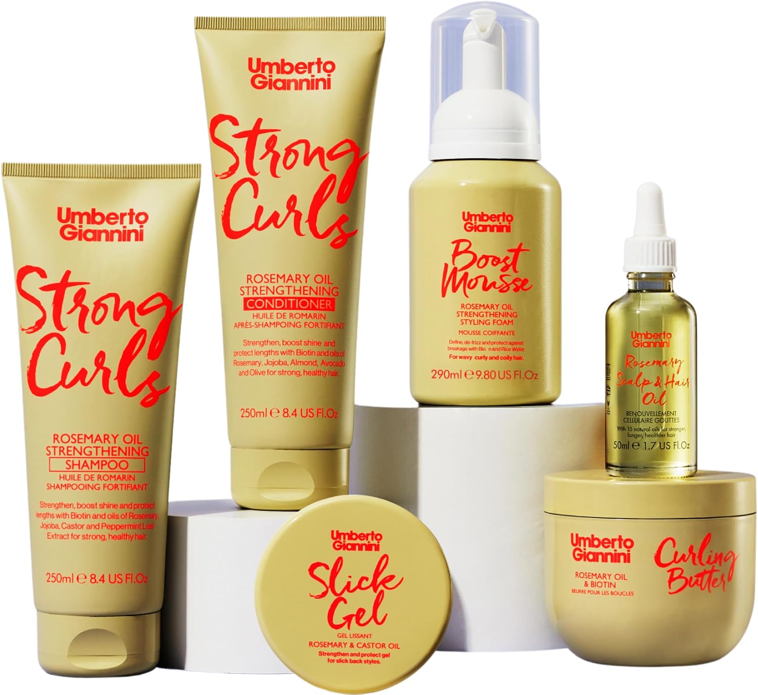 Umberto Giannini Curly Hair Routine Kit Strong Curls (6 Products) Wash & Style Curly, Coily, Wavy Hair: Includes Shampoo, Conditioner, Mousse, Curl Cream, Slick Gel + Rosemary Oil