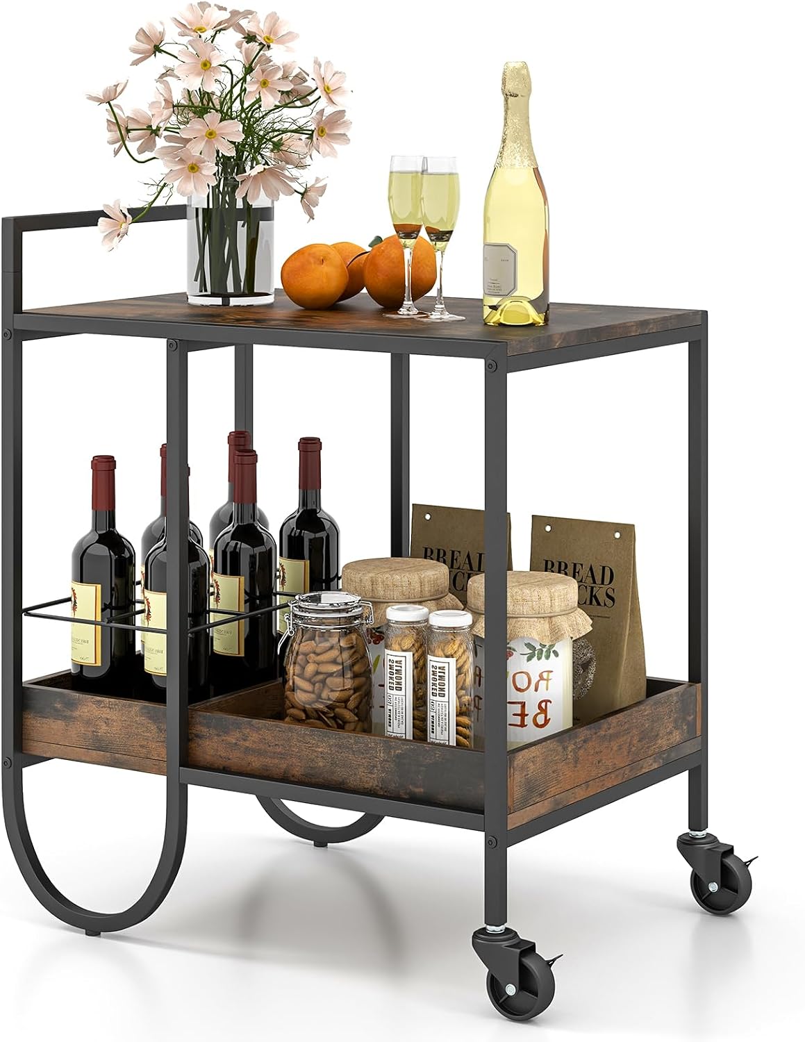 TANGZON Serving Cart, 2-Tier Rolling Drinks Trolley with Removable Wine Rack, Lockable Wheels, Handle & Adjustable Foot Pads, Home Bar Cocktail Alcohol Trolley for Kitchen Dinning Room, Rustic Brown