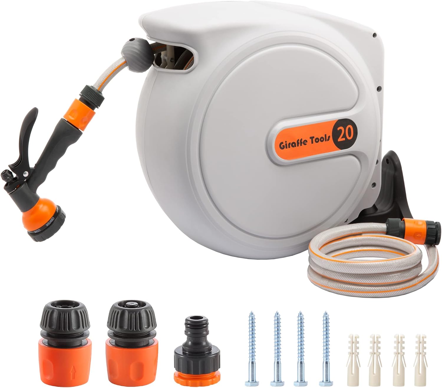 Giraffe Tools Wall Mounted Hose Reel 20+2m, Hose Pipe Reel Automatic Rewind with 7 in 1 Spray Gun and Swivel Bracket for Garden