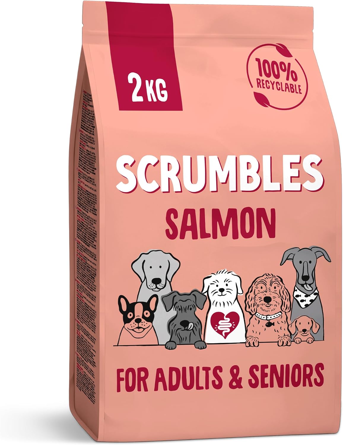 Scrumbles • Dry Dog Food • Hypoallergenic • All Lifestages • Salmon • 2kg Bag • Natural Complete Adult Recipe • Gut Friendly Prebiotics & Probiotics • Gluten Free • Joint Care