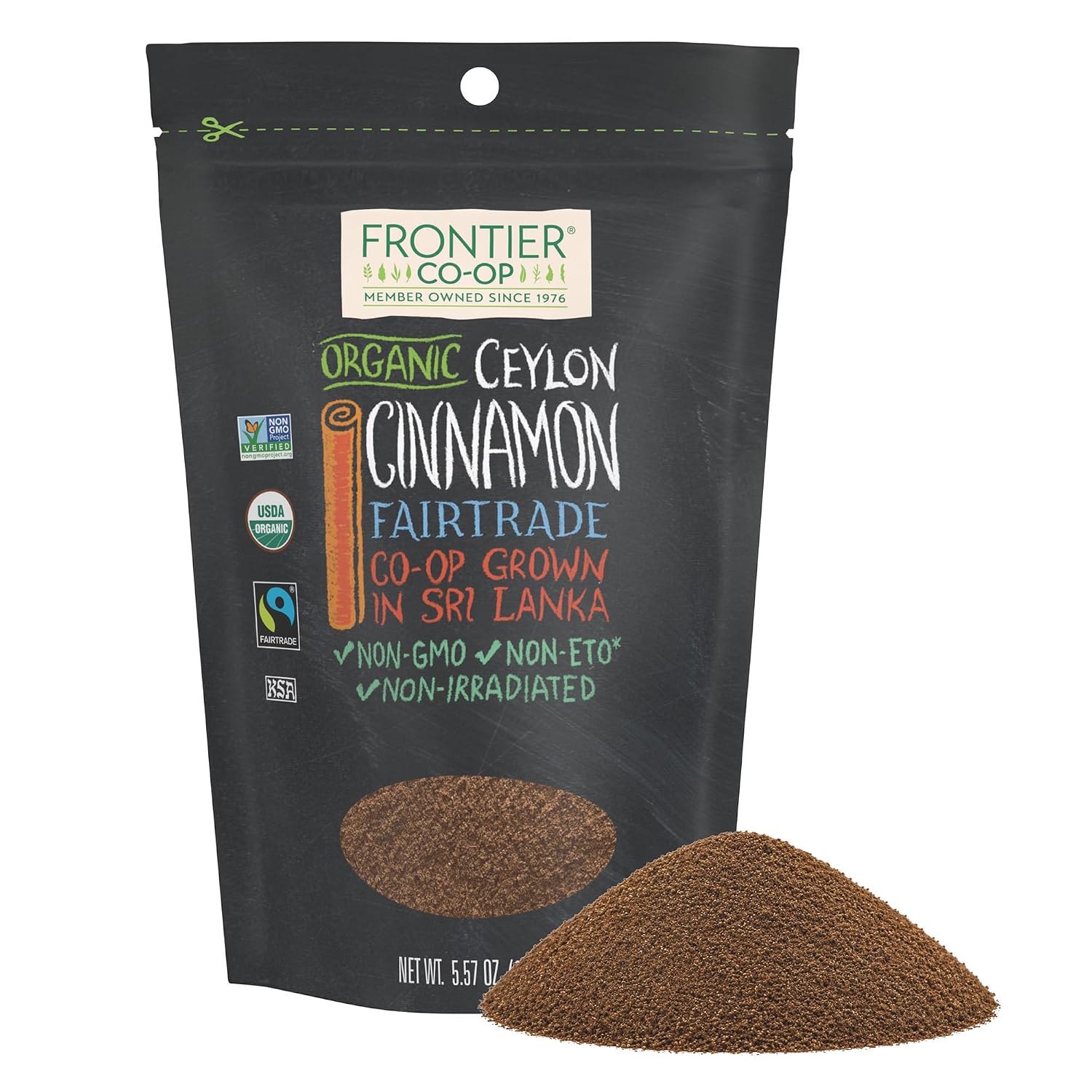 Frontier Co-op Organic Fairtrade Ground Ceylon Cinnamon Powder, Refill for Shaker, Baking, Beverages, and Cooking, Kosher | 5.57 Ounce (Pack of 1)