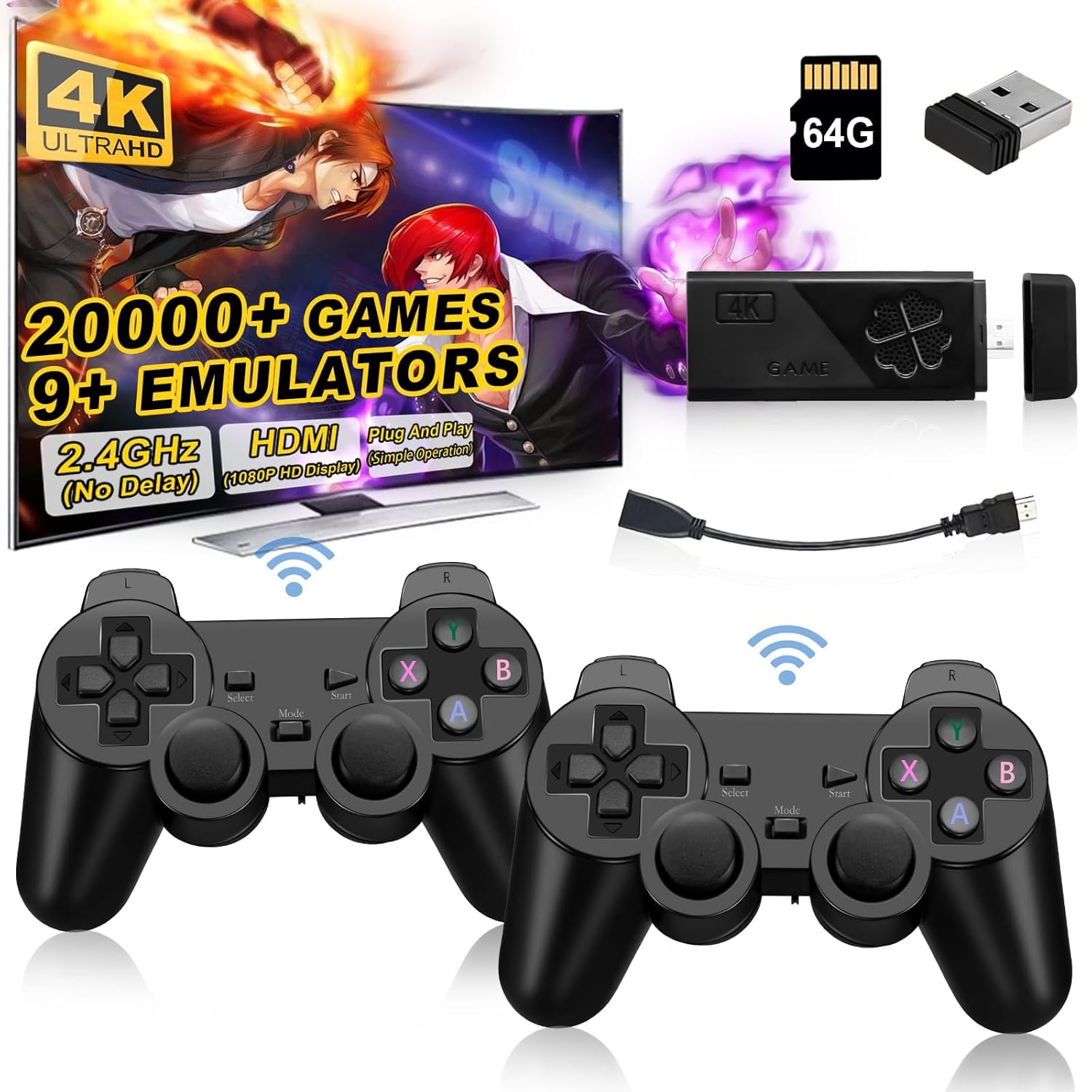 Wireless Retro Game Console Stick, Upgrade Retro Video Gaming Stick Built in 20000+ Games with 9 Emulators,4K HDMI Output with 2 Pack 2.4G Wireless Controllers,Game Emulator Console 2025(64GB) Black