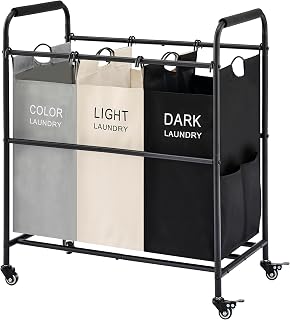 Tajsoon 3 Bag Laundry Sorter Cart, Laundry Hamper Sorter Basket with Heavy Duty Lockable Rolling Wheels for Clothes Storage, 3 Colors