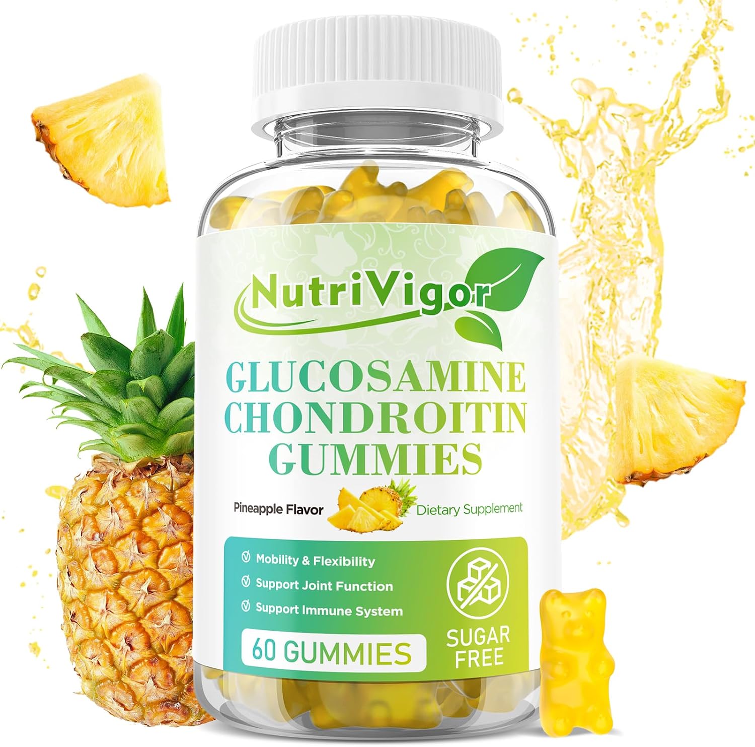 Glucosamine Chondroitin Gummies, Extra Strength Joint Support Supplement with MSM & Elderberry, Antioxidant Immune Support for Adults, Pineapple Flavor, 60 Count