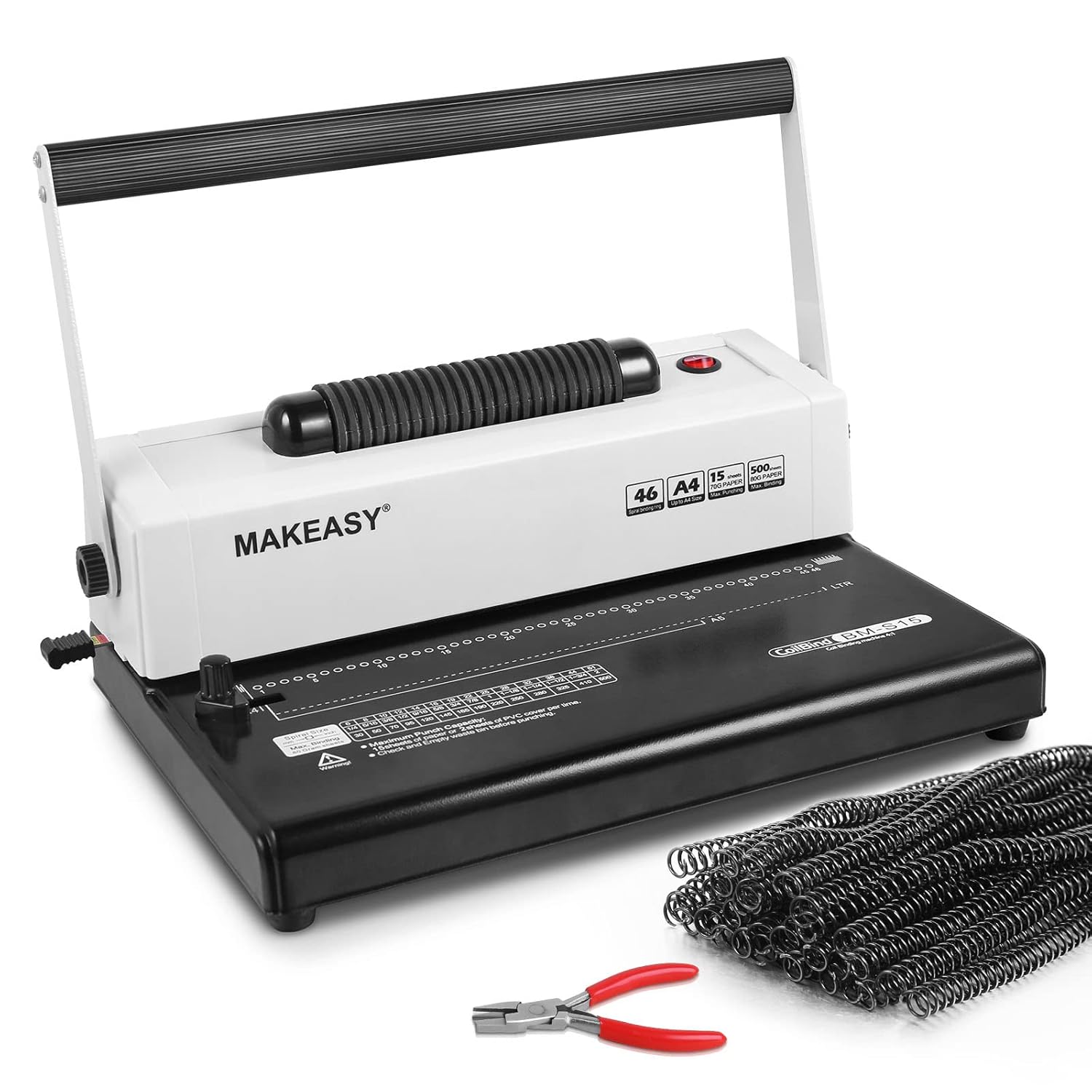 MAKEASY Coil Spiral Binding Machine - Manual Hole Punch - Electric Coil Inserter - Adjustable Side Margin - for Letter Size/A4/A5, Comes with 1 Box 5/16'' Plastic Coil Binding Spines & Plier